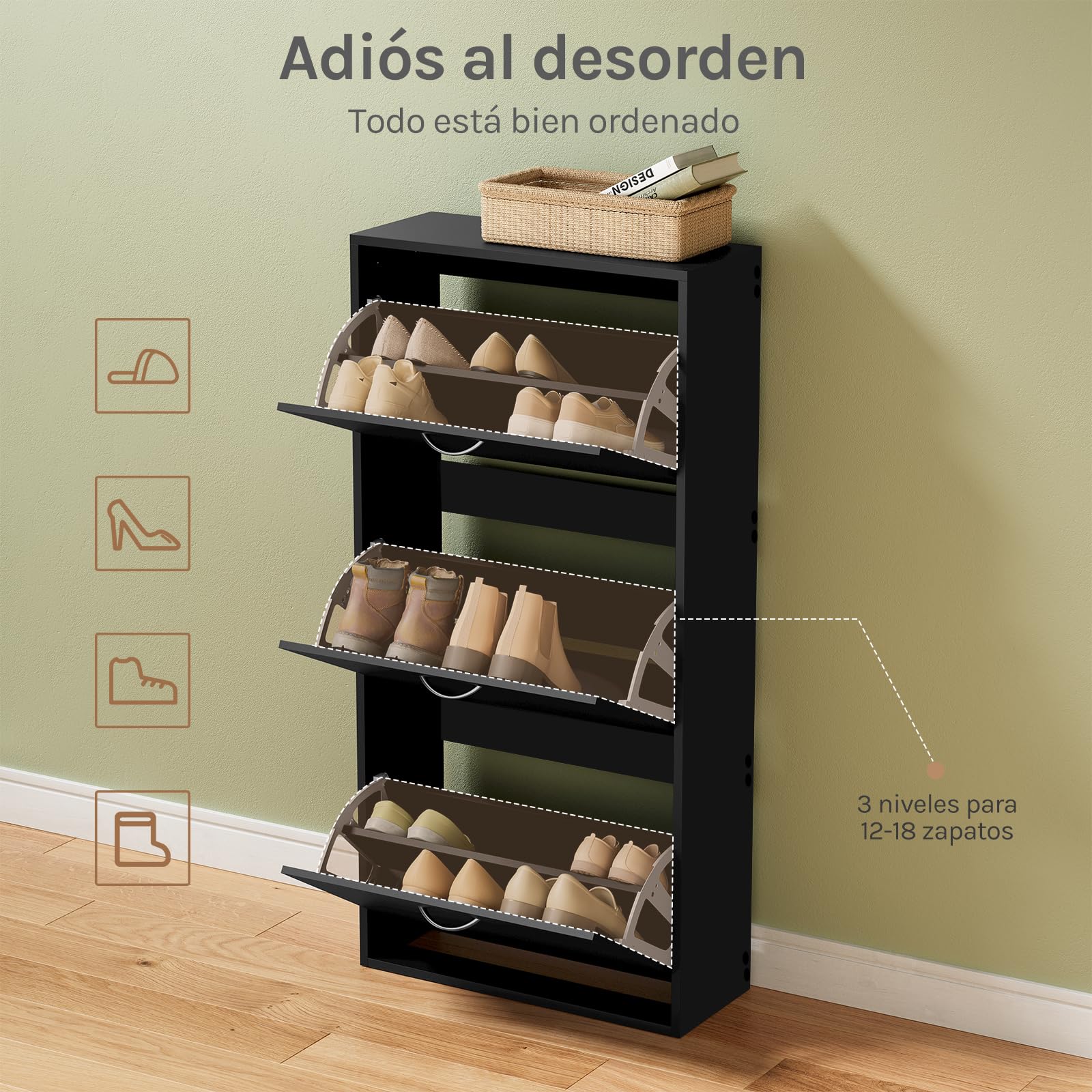 WOLTU Zapatero de Entrada, Armario de Zapatos con 3 Puertas Abatibles, Zapatero Estrecho de Recibidor Pasillo Salon, Estantes Ajustables, Capacidad 14-18 Pares, 58x23x118 cm, Negro | Para 14-18 pares de zapatos, adecuado para pasillos y salones, 58 x 23 x