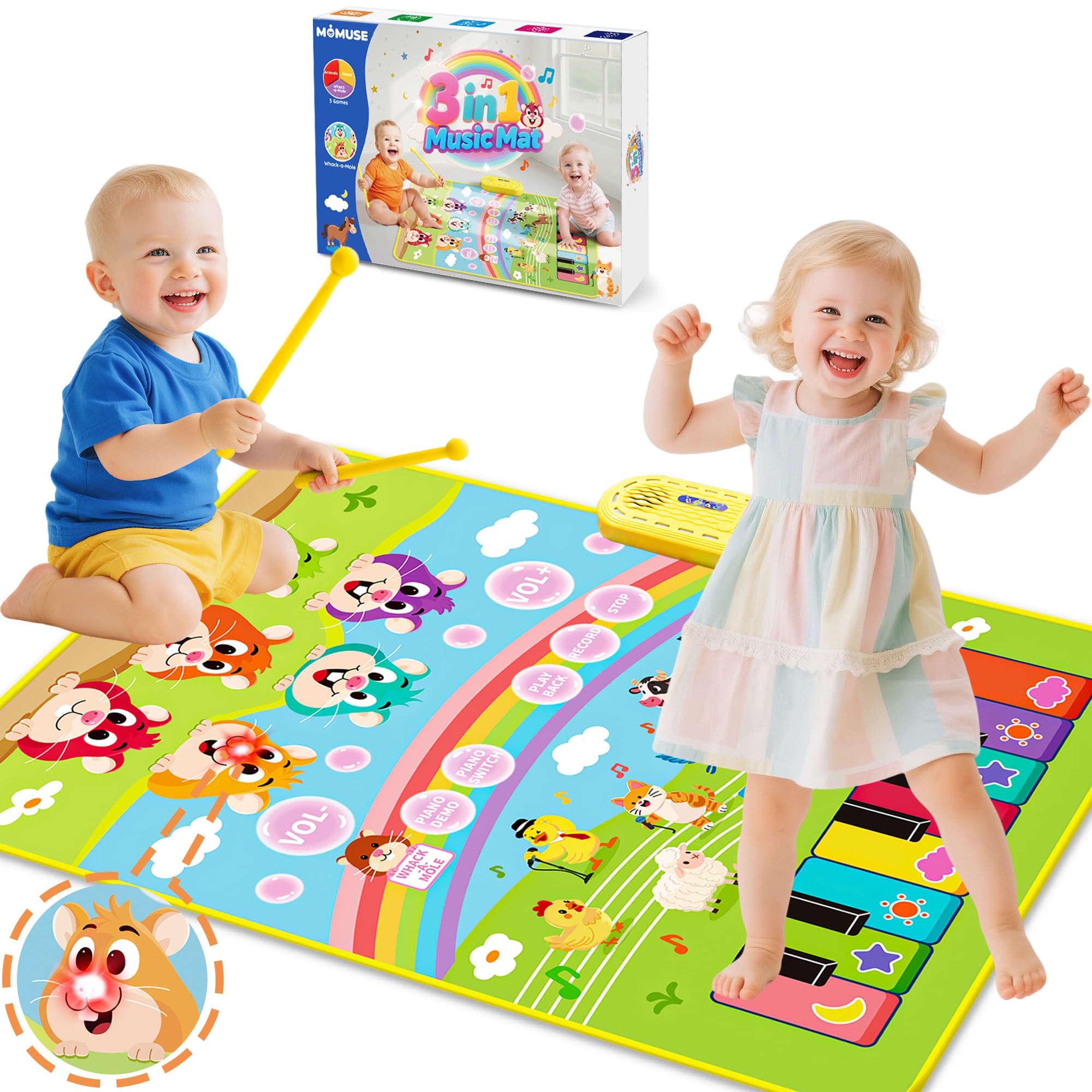 MOMUSE 3-in-1 Musical Play Mat for 1+ Kids, Whack-a-Mole Game Floor Piano Mat with 30 Sound & Function Keys