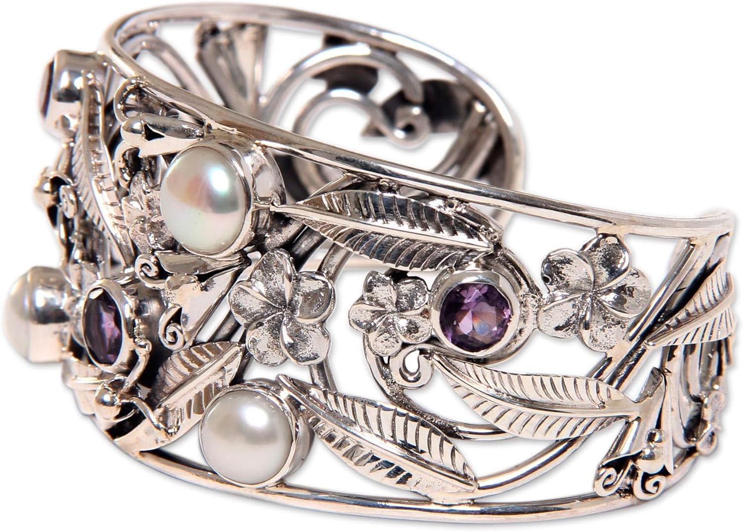 NOVICA Artisan Handmade Amethyst and Cultured Freshwater Pearl Cuff Bracelet | Floral 925 Sterling Silver | Purple and White Jewelry from Indonesia | 5.5" L x 1.3" W