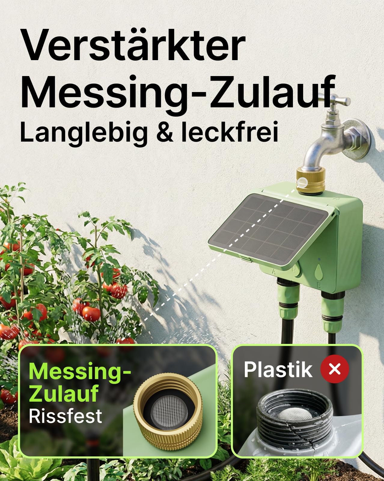 Solar WLAN Bewässerungscomputer für Garten, 2-Wege Smart Bewässerungsuhr mit Durchflussmesser, Kein Hub erforderlich, Messing-Einlass, App & Sprachsteuerung (Alexa/Google), Regenverzögerung