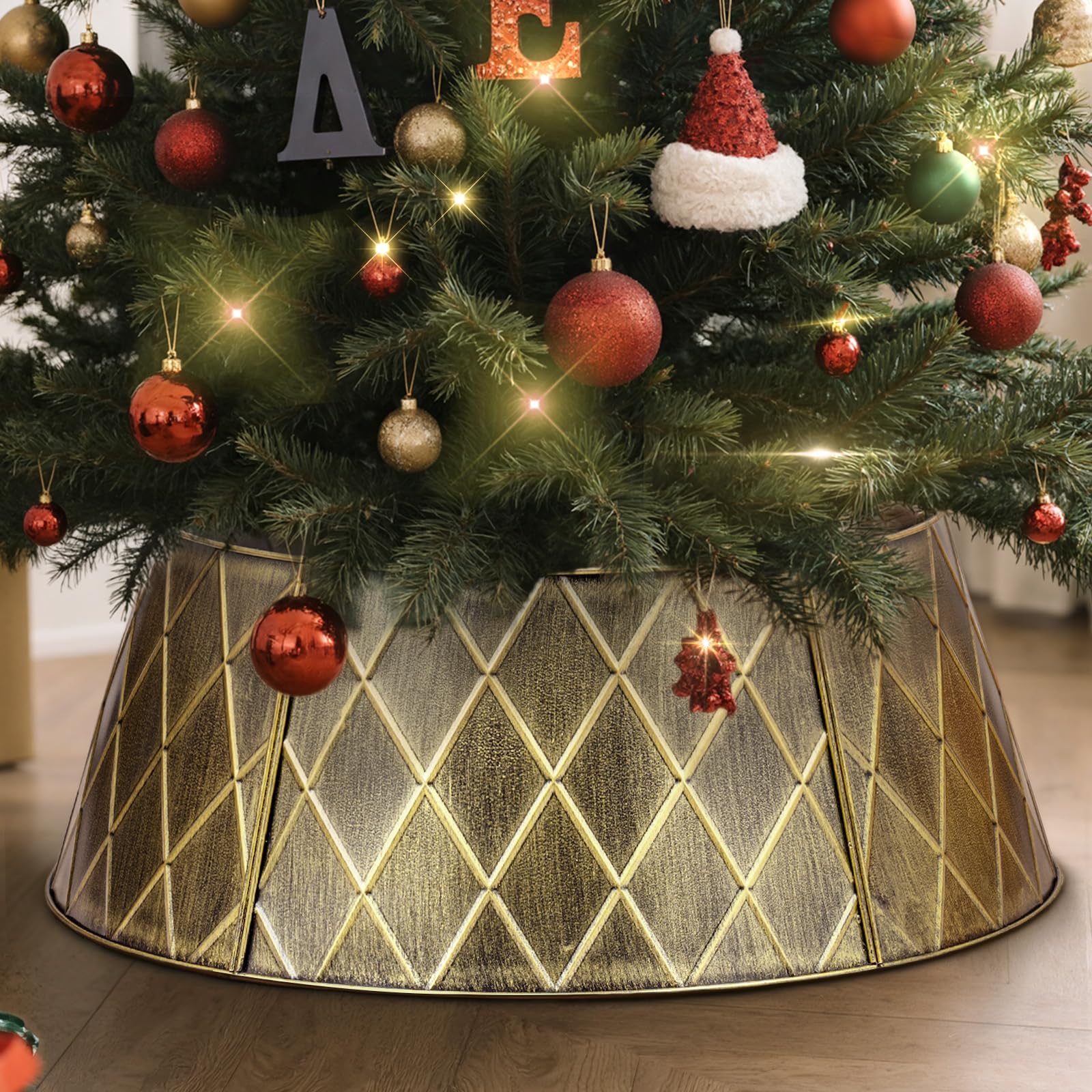 Lanpn Metal Christmas Tree Collar 90cm, Christmas Tree Ring Collar for Large L Xmas Stand Cover Real Artificial Trees Indoor Outdoor Decoration (Gold, Diamond)