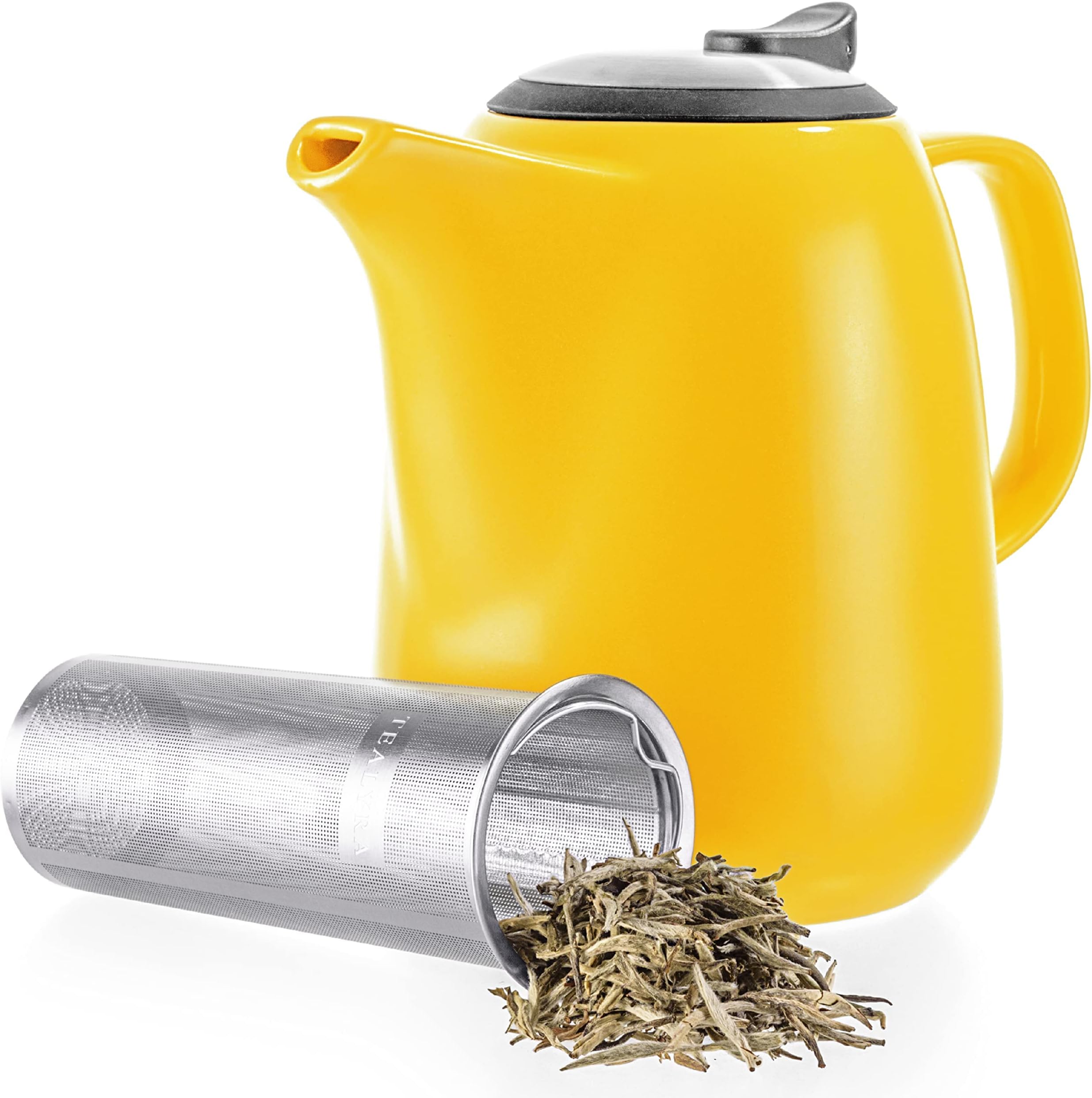 TealyraDaze Ceramic Large Teapot Yellow - 47-ounce (6-7 cups) - With Stainless Steel Lid Extra-Fine Infuser for Loose Leaf Tea