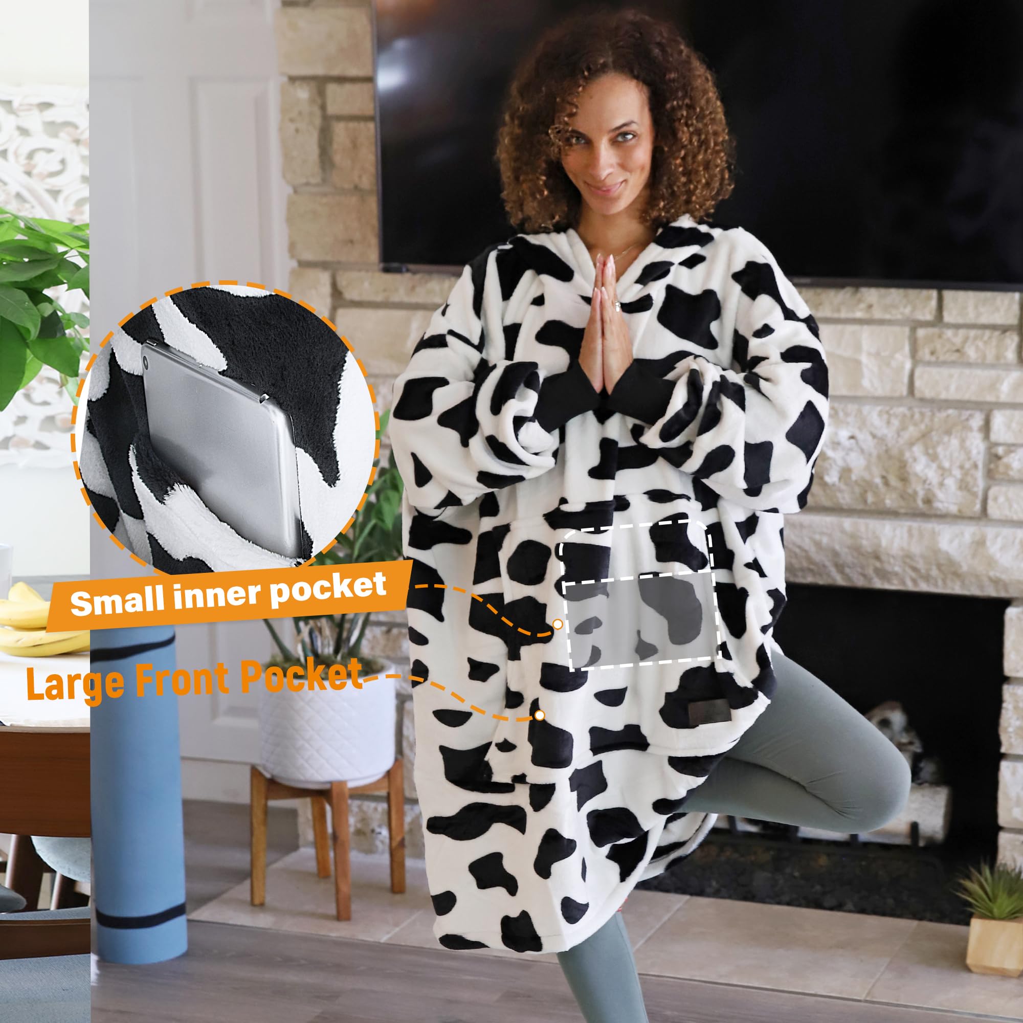 Catalonia Classy Sudadera con Capucha Grande de Forro Polar para Mujeres y Hombres, cálida y portátil, con Capucha y Bolsillo Frontal, Estampado de Vaca
