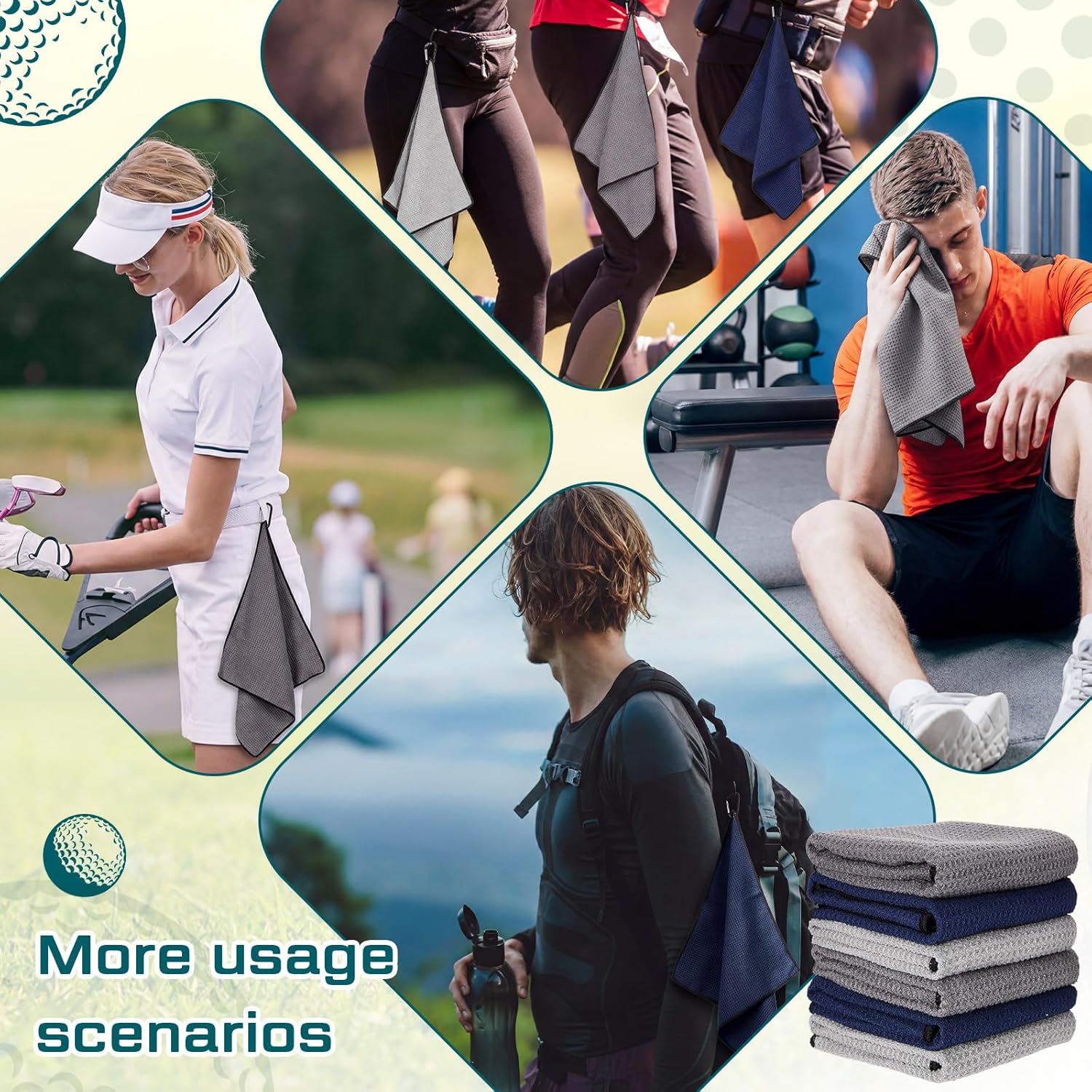 Batiyeer Golf Towel Bulk for Golf Bags 16'' x 16'' Microfiber Fabric Towel with Clip Waffle Pattern, Fitness, Camping, Hiking, Yoga