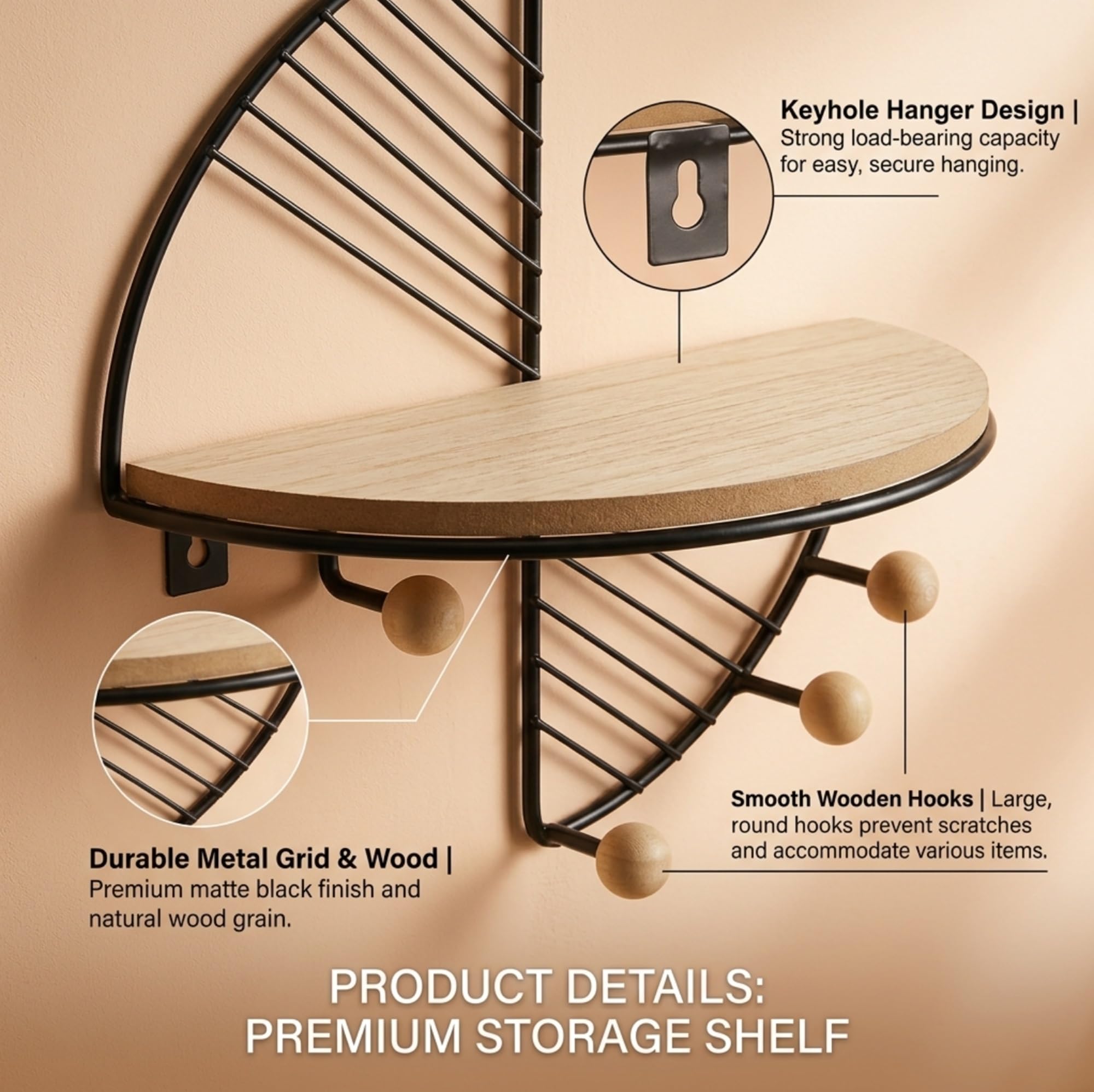 Estante de pared con ganchos, organizador flotante de madera para entrada, estante de almacenamiento de estilo nórdico para llaves, bolsos, abrigos, accesorios de baño y decoración del hogar