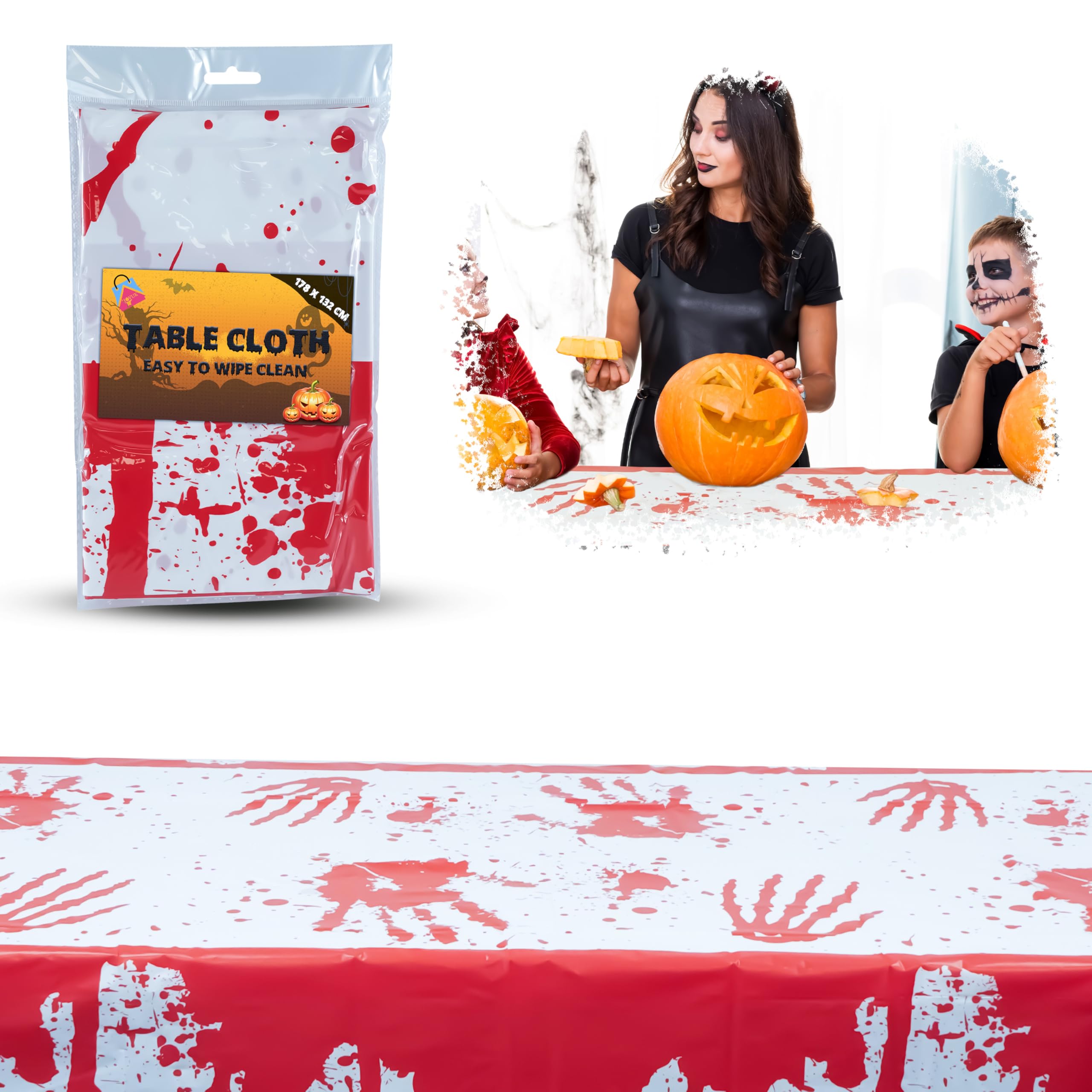 Halloween Bloody Tablecloth 178x132cm, Waterproof Plastic Rectangular Table Cover for Horror Party, Haunted House, Zombie Theme, Scary Dinner & Indoor Outdoor Halloween Decorations