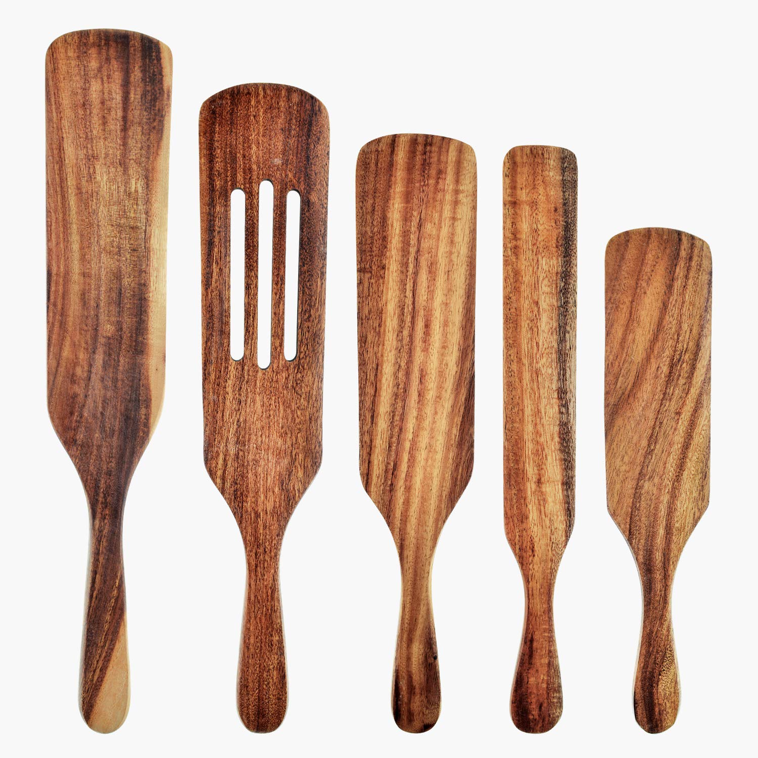 5 Pieces Wooden Slotted Spurtle Spatula Sets for Non Stick Cookware Stirring, Mixing(Steak,Salad,butter)Natural Teak Kitch...