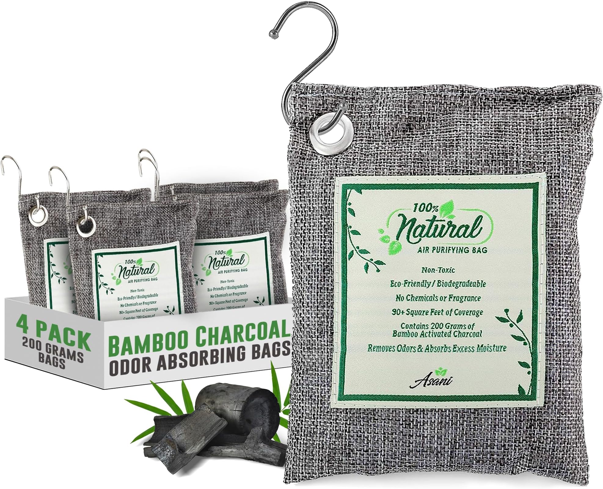 Asani Air Purifier Bags with Bamboo Activated Charcoal (Purifying Pack of 4) | Natural Air Freshener Deodorizer | Moisture Absorber and Odor Eliminators for Home, Car, Refrigerator, Closet (200g Each)