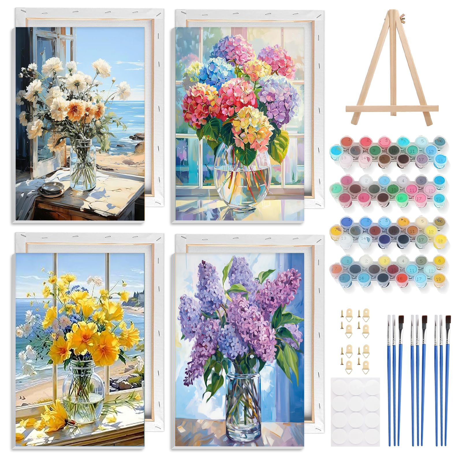 NAIMOER 4 Peintures Par Numéros Fleurs En Vase - Avec Cadre Et Chevalet - Kits Adultes Et Enfants - Décoration Murale 20x30 Cm