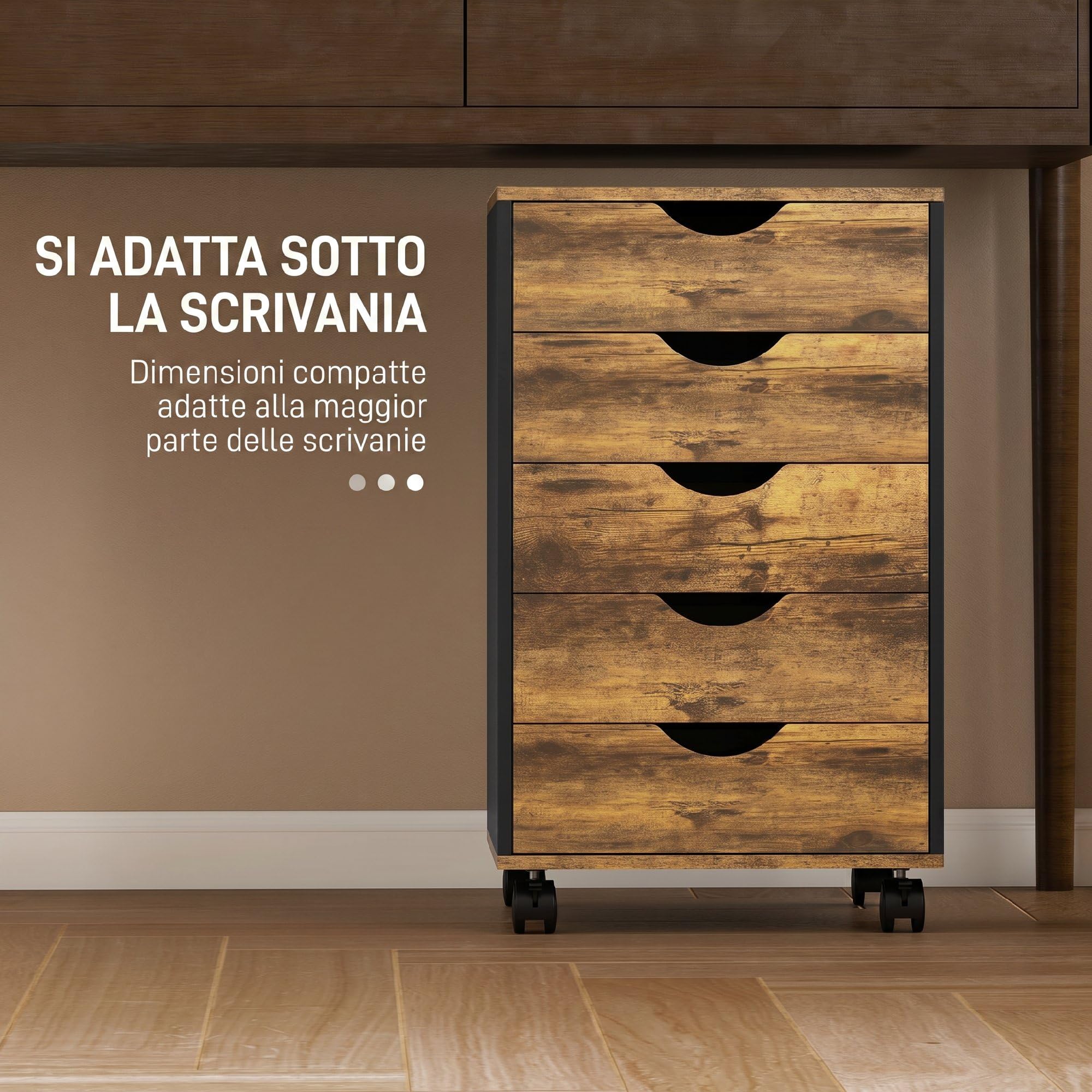 HOMCOM Schedario da Ufficio 5 Cassetti Ruote a Freni 40x40x67 cm Marrone | Cassettiera Ufficio per Lettera/Formato A4, Armadietto Verticale per Studio