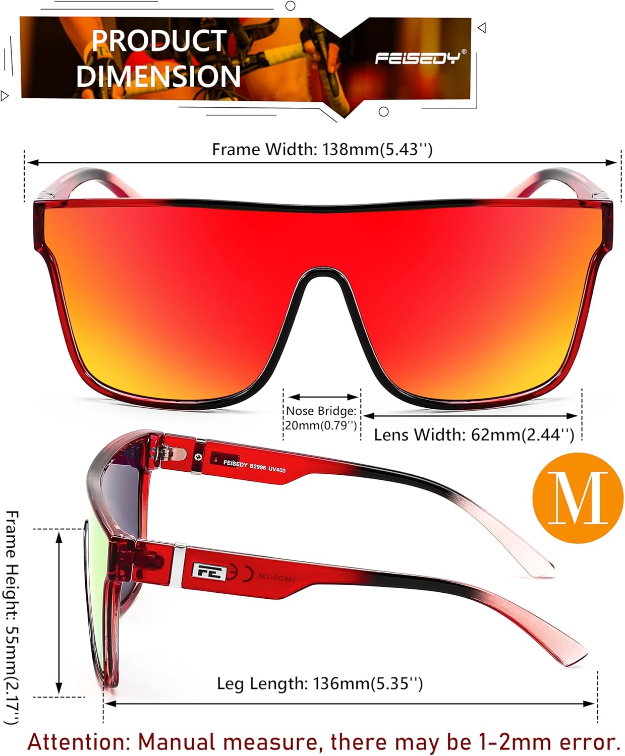 FEISEDY Sunglasses for Women Men, Fashion Mirrored Single Lens, Driving Beach Sunnies UV400 Shades B2996 - Image 4