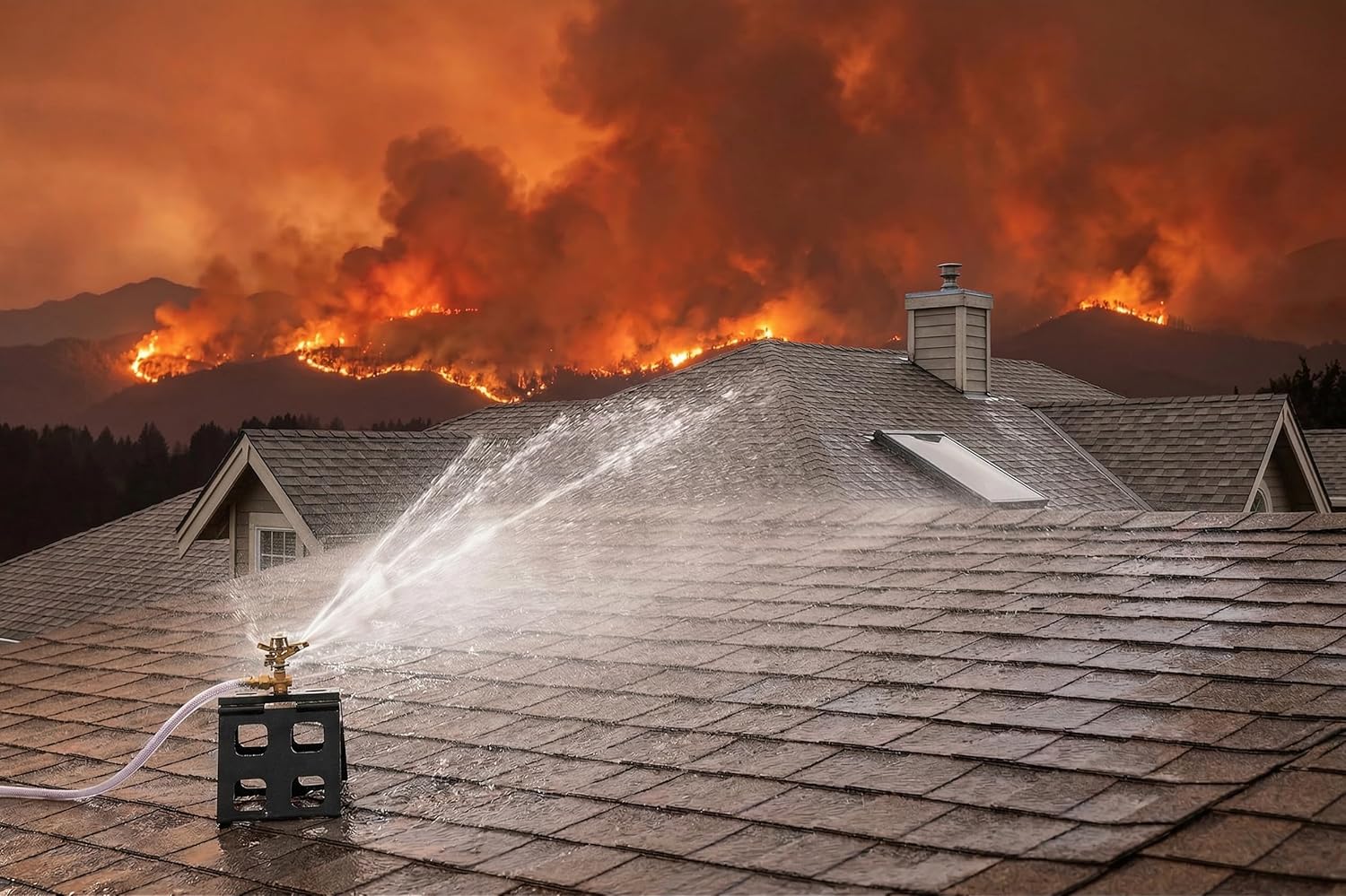 Rooftop Sprinkler for Wildfire Ember Defense, Solid Copper 360 Adjustable Head, Cast Copper Tee Rated to 200 PSI, 180 Adjustable Galvanized Steel Roof Base, 3/4 in Connection, Up to 3300 Sq Ft