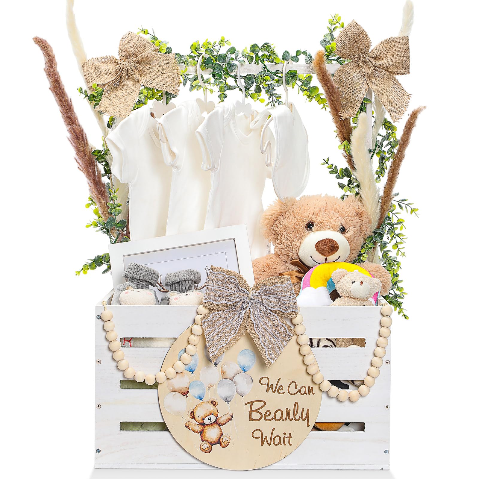 Juexica Wooden Baby Shower Crate Closet, Baby Basket with Handle Bear Sign Eucalyptus Garland Wooden Bead Dried Pampas Grass Linen Bow, Bear Theme