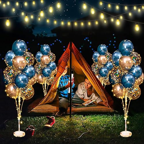 Miniatura 4 de Kit de soporte para globos para suelo con tira de luces, juego de 2 centros de mesa azul Rolay, decoración para bodas, Navidad, adultos, cumpleaños,