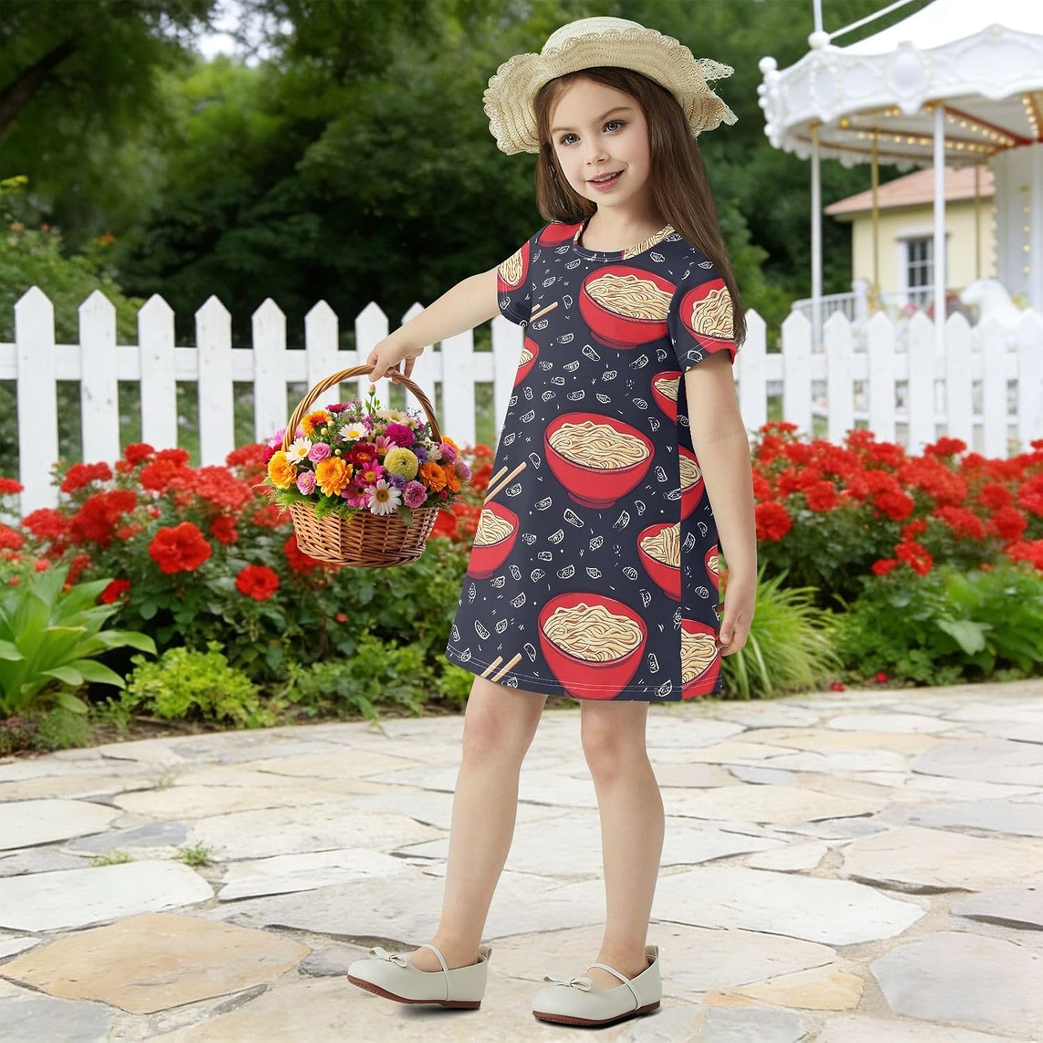 Ramen Pattern Girls Dresses Summer Dresses for Girls with Cotton Short Sleeves for Casual a Line Dress Size 2-8Y