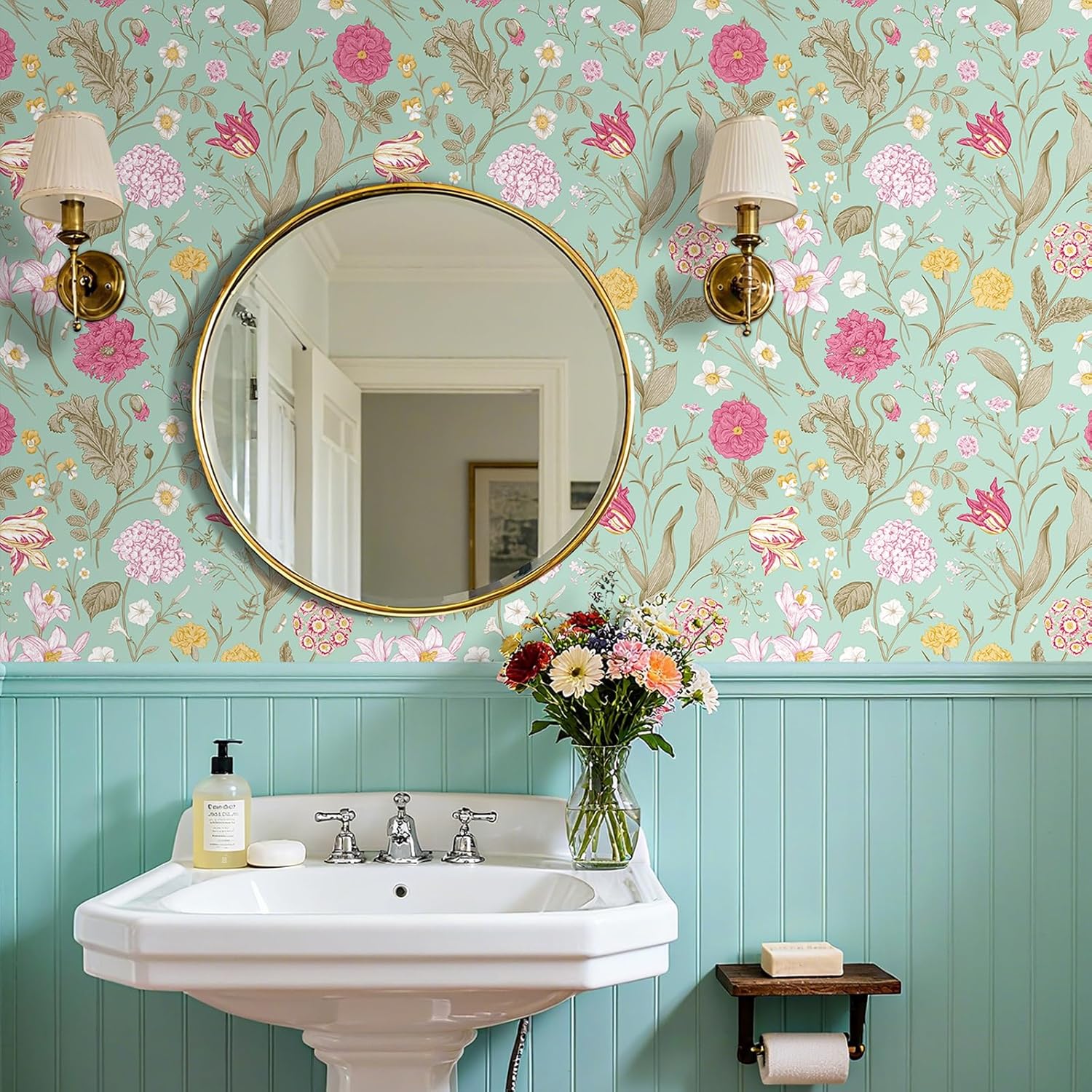 ReWallpaper 17.5inx23ft Cottagecore Floral Peel and Stick Wallpaper Removable Self Adhesive Green Hydrangea Wallpaper Vintage Floral Wall Covering for Bedroom Living Room Nursery Bathroom Accent Walls