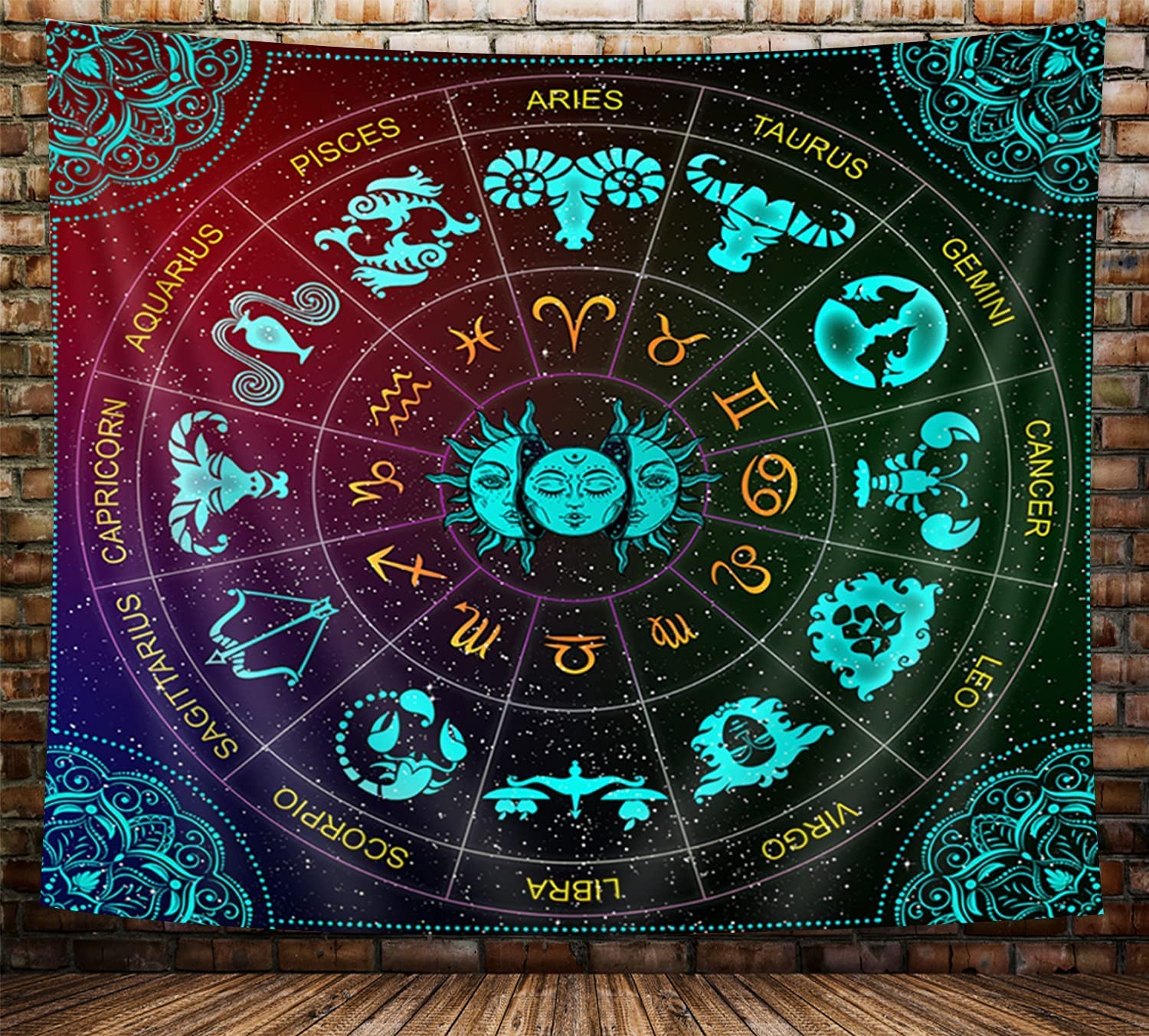 VeiVian Zodiac Astrology Wall Hanging, Sun and Moon Constellation Blacklight Art, Trippy Mandala Boho Witchy Wall Tapestry for Bedroom, Living Room,