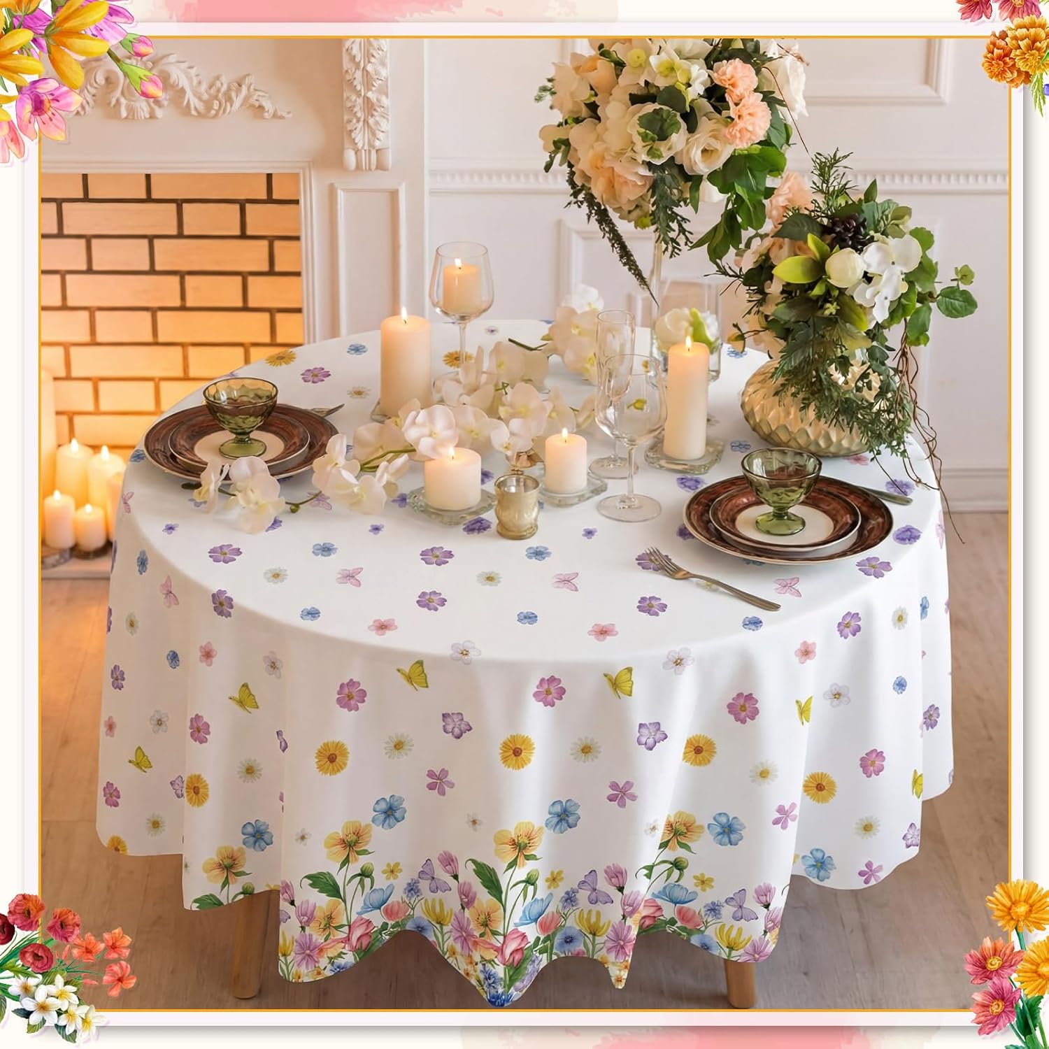 Potchen 3 Pcs Round Tablecloth 84 Inch Plastic Tablecloth Disposable Holiday Table Cover for Party Picnic Dinner Kitchen Decor (Spring Floral)