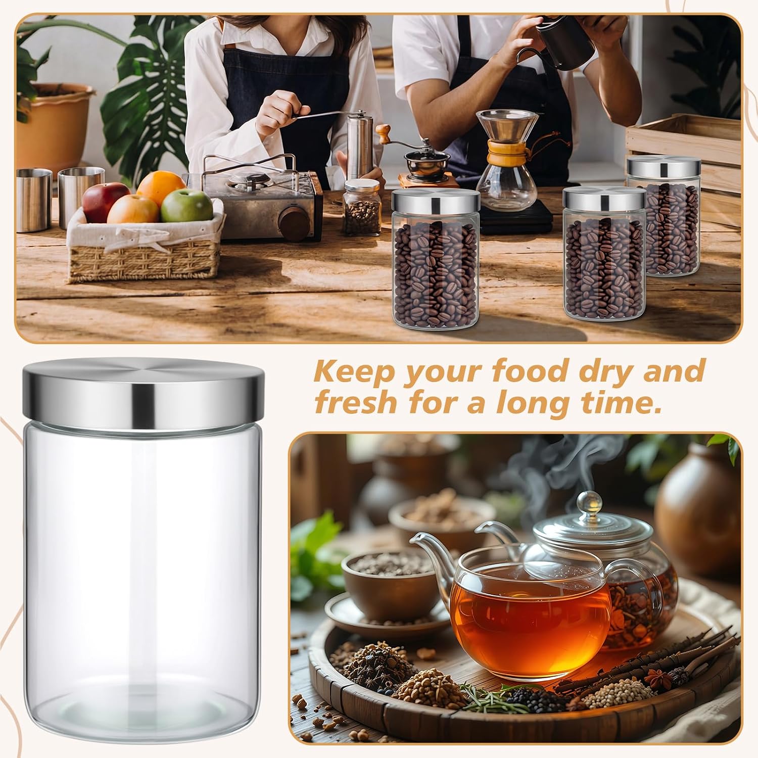6 Pcs 34 oz Clear Glass Canister Set with Stainless Steel Lids, Food Storage Containers for Kitchen & Pantry Storage, Dry Foods Including Flour Sugar Coffee Rice Tea Spices Herbs