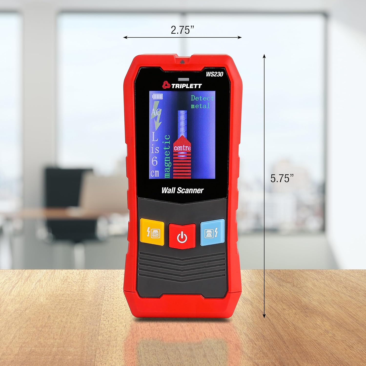 Triplett WS230 Wall Scanner displaying its dimensions: 2.75 inches wide and 5.75 inches tall.