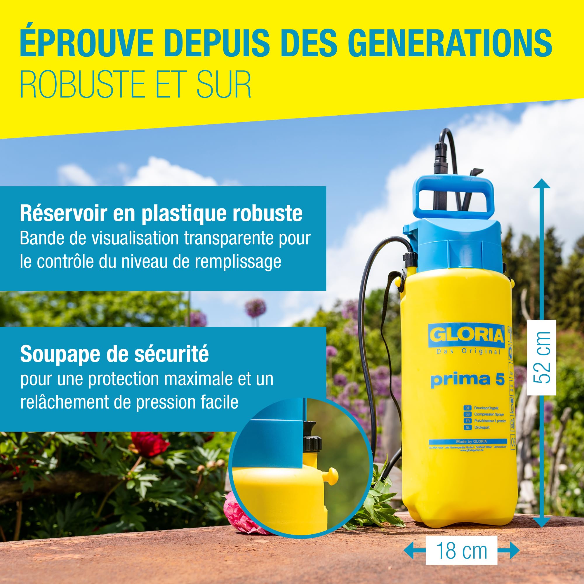 Gloria Pulvérisateur de Jardin Prima 5 | Pulvérisateur à Pression 5L avec Lance & buse réglable en Laiton | Pulvérisateur Manuel pour Plantes, Balcon, terrasse & désherbage