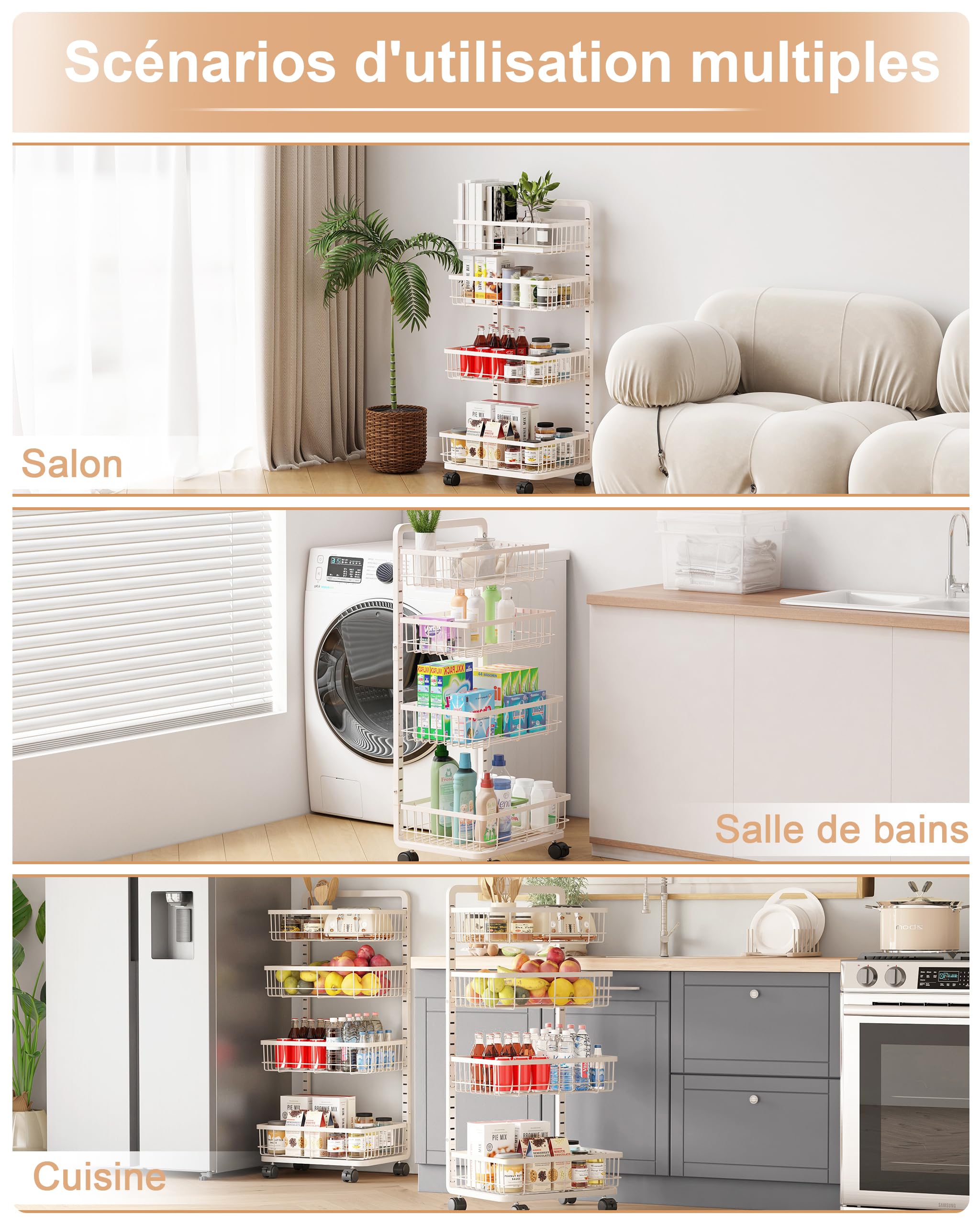 UMDONX Chariot de Cuisine Métallique 4 étages, Desserte de Service à roulettes, Panier de Fruits et Légumes pour Cuisine Chambre Salon Bain, Blanc 42 x 32 x 87 CM