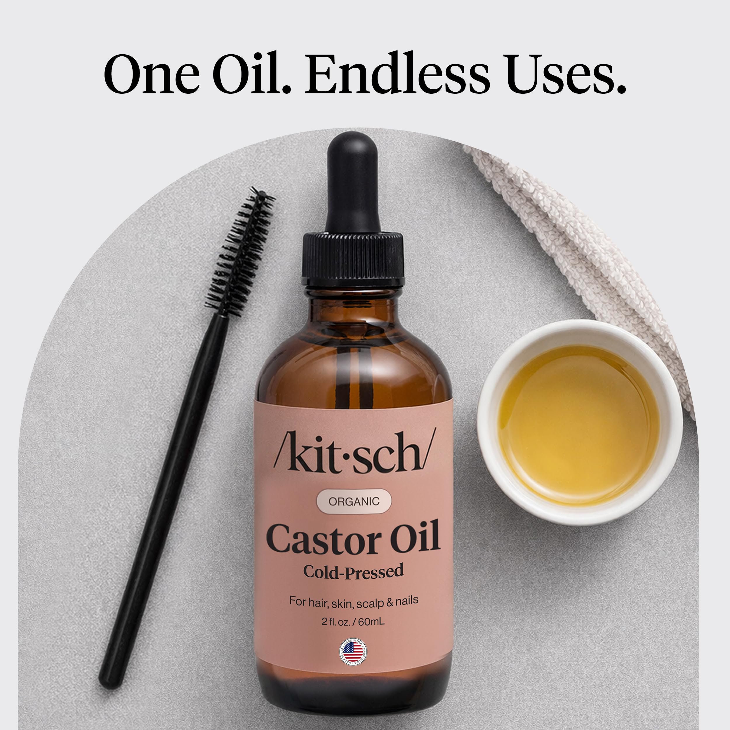 Kitsch Organic Castor Oil for Hair Growth - 100% Pure Castor Oil, Organic Cold Pressed Unrefined Glass Bottle for Face, Skin, Lashes, Brows, Scalp, Nails & Belly Button - Hexane Free, USDA - 2 oz