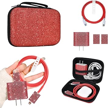 Luxury Phone Charger Case Storage Sets Wire Saver Cable Protector with Travel Storage Bag, Soft Sparkle Cable Charger Protector Cord Organizer for iPhone Glitter Red