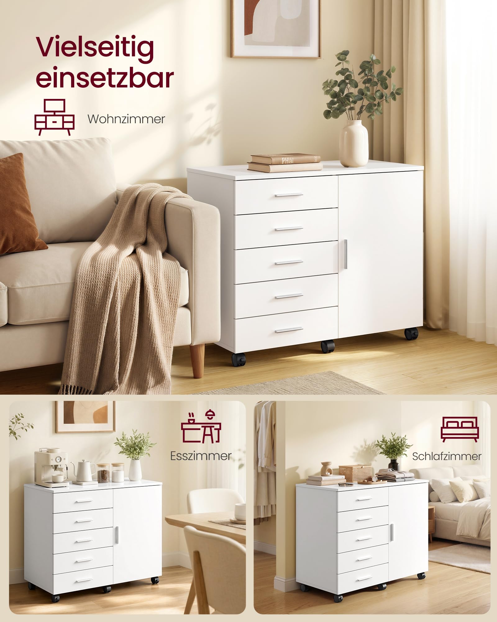 VASAGLE Rollcontainer, mobiler Aktenschrank, Schubladenschrank, Schrank mit Tür, Druckerständer mit 5 Schubladen, mit schraubenlosen Gleitschienen, für Büro, Homeoffice, wolkenweiß OFC092WB02