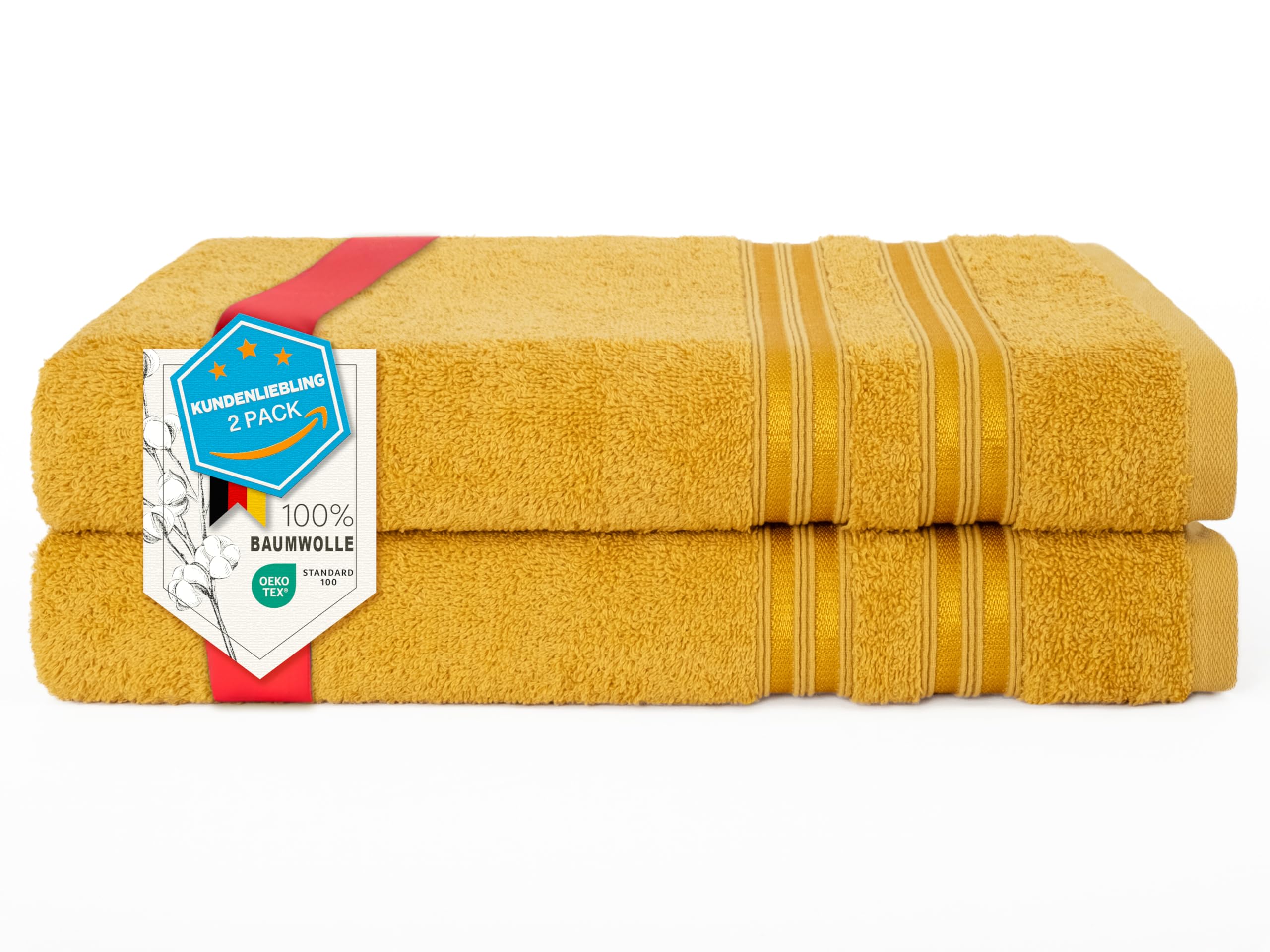 Hammetex Duschtücher 2er Set 70x140 cm – Badetücher aus 100% Baumwolle Frottier – Oeko-TEX Zertifiziert – Weich, Saugstark – mit Aufhänger, Senf