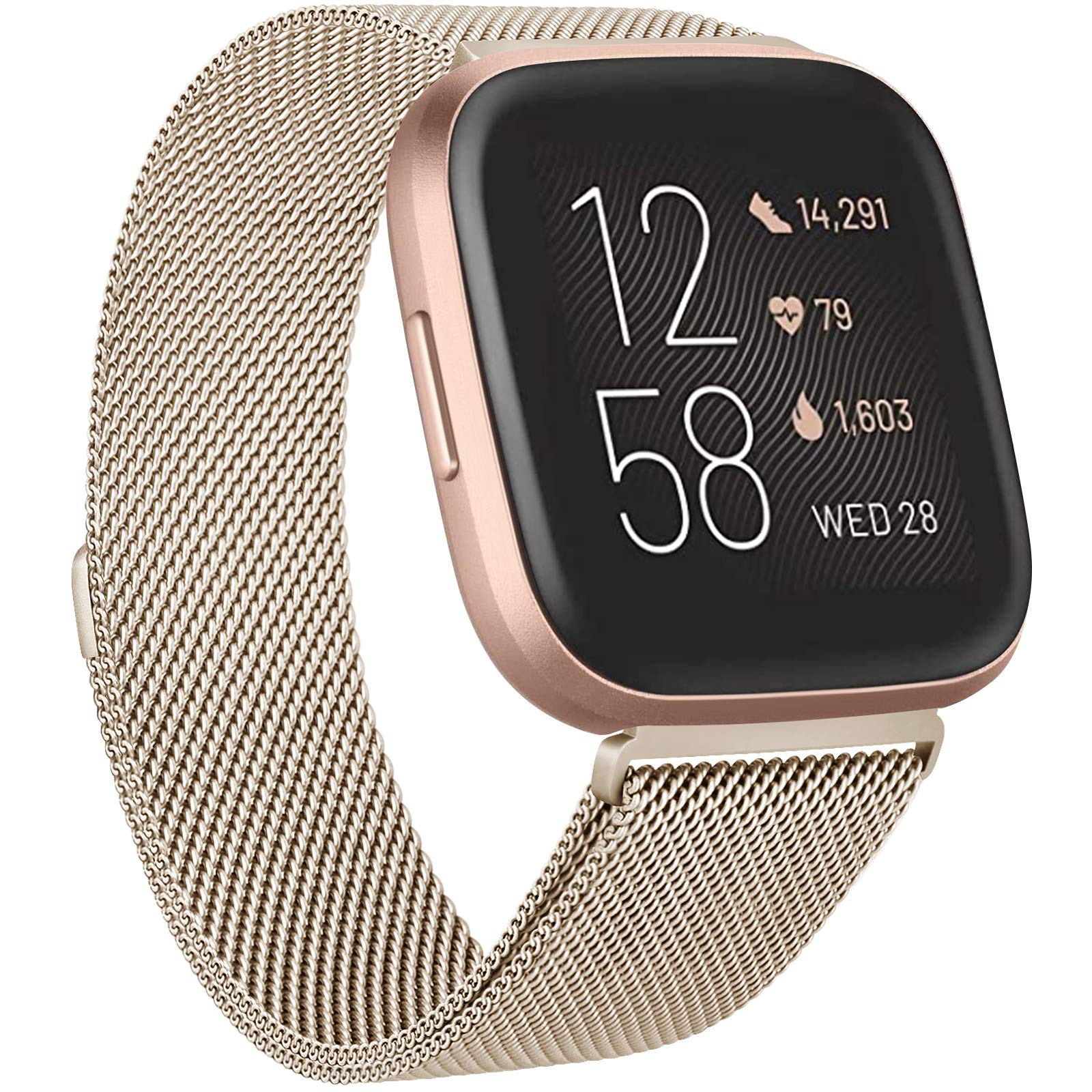 Meliya Metal Bands for Fitbit Versa 2 & Fitbit Versa & Versa Lite & Versa SE Bands, Stainless Steel Magnetic Lock Replacement Wristbands for Women Men Small Large (Small, Champagne Gold)