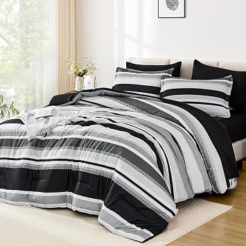 WONGS BEDDING King Size Comforter 7 Pieces, Black King Comforter Set with Sheets,Striped Bed in a Bag Boho Lightweight Bedding Set for All Seaon 104"90"
