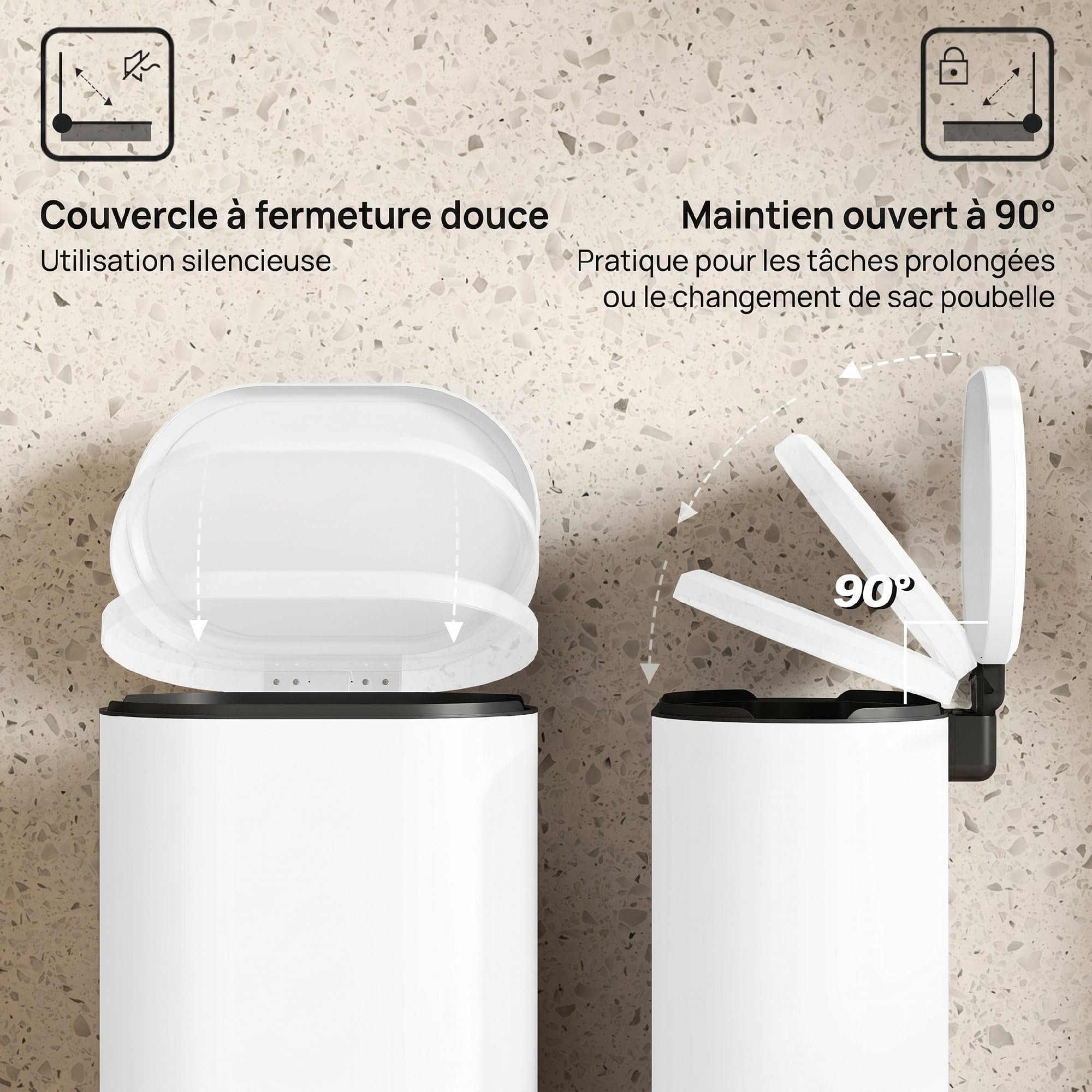 HOMCOM Poubelle cuisine 30L, poubelle à pédale rectangulaire avec seau intérieur amovible, couvercle à fermeture douce 90° et maintien en ouverture, anti-traces, pour bureau et maison, blanc