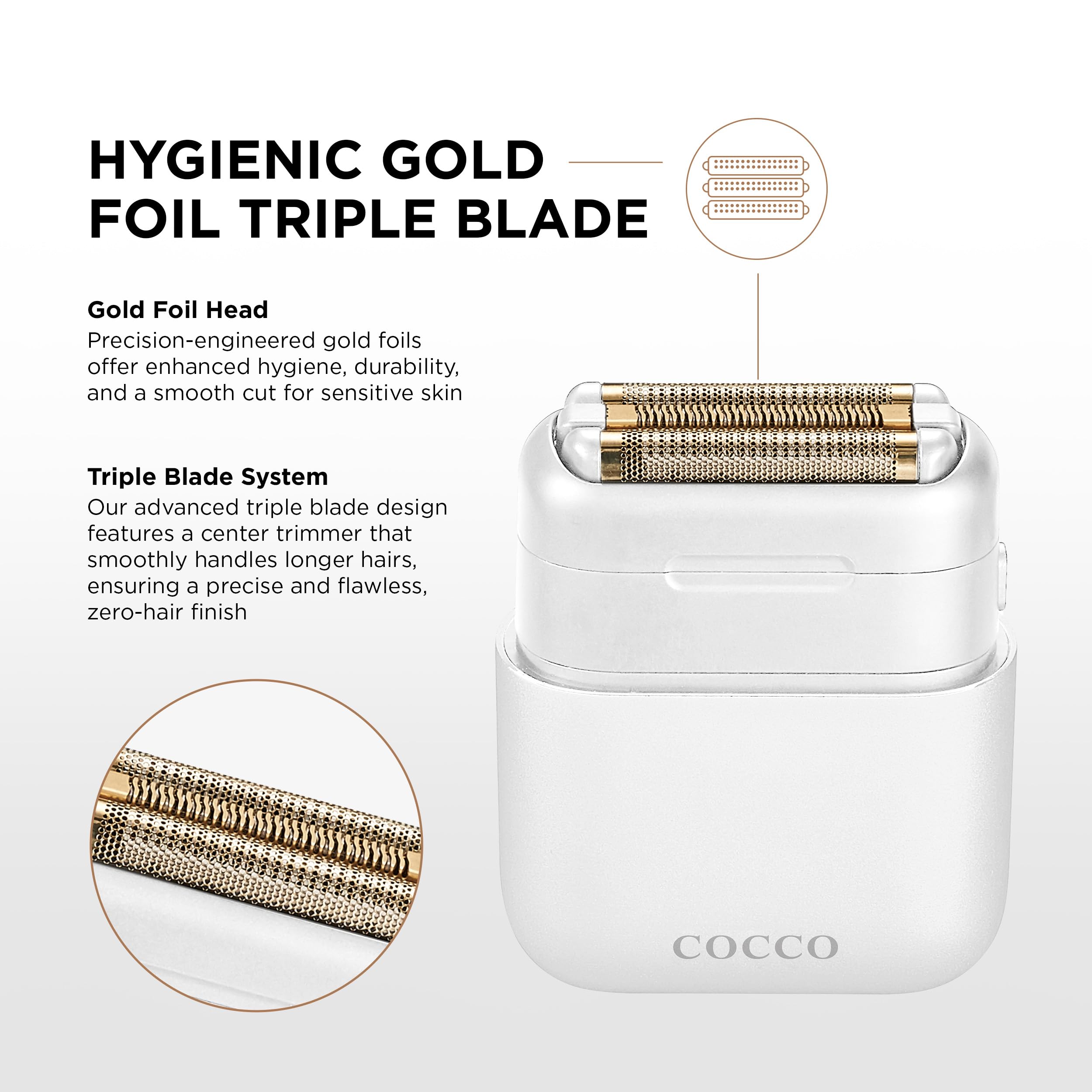 COCCO IMPACTO Shaver, Hygienic Gold Foil Triple Blade, White, Wet & Dry Use, Magnetic Replaceable Head, Intelligent Accelerator, 90 Min Run Time