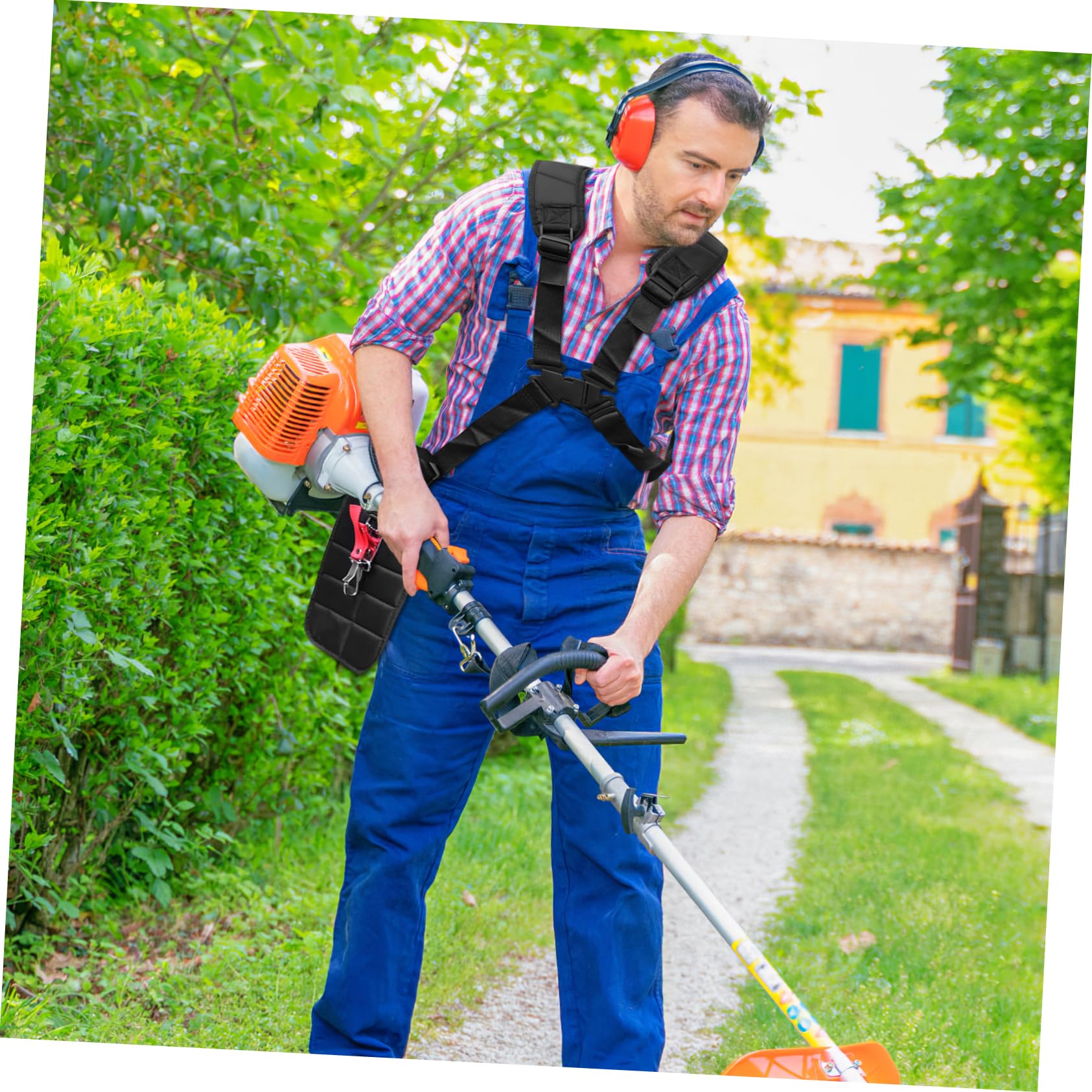 Imbracatura Doppia Spalla e Gancio Porta Attrezzi in Nylon Nero per Decespugliatore con Cinghia Regolabile per Riduzione Affaticamento Durante Lavoro