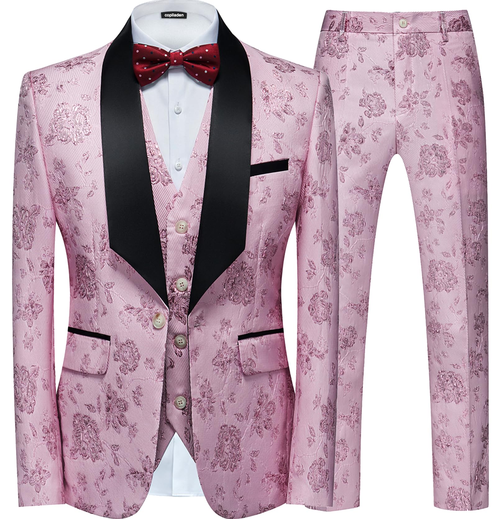 Men Suit 3 Piece Slim Fit Tuxedo for Men Paisley Suit Tux Shawl Lapel One Button Blazer Waistcoat Pant Set for Prom XS Pink