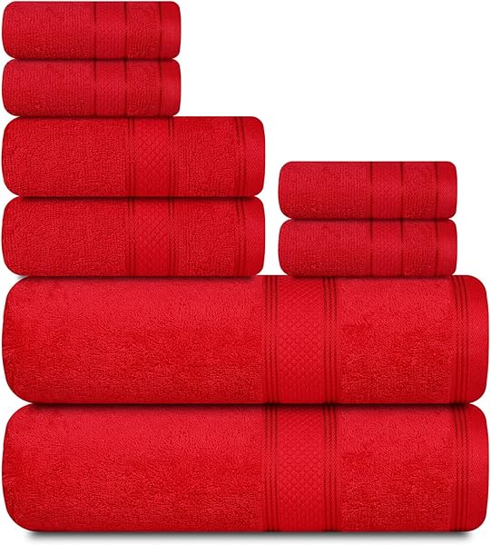 Casa Lino Bath Towel Set of 8 (2 Bath Towels, 4 Wash Cloths & 2 Hand Towels for Bathroom) - 100% Cotton - Highly Absorbent & Quick Dry - Guest Room Essentials for Bathroom Set - (Red), 360 GSM