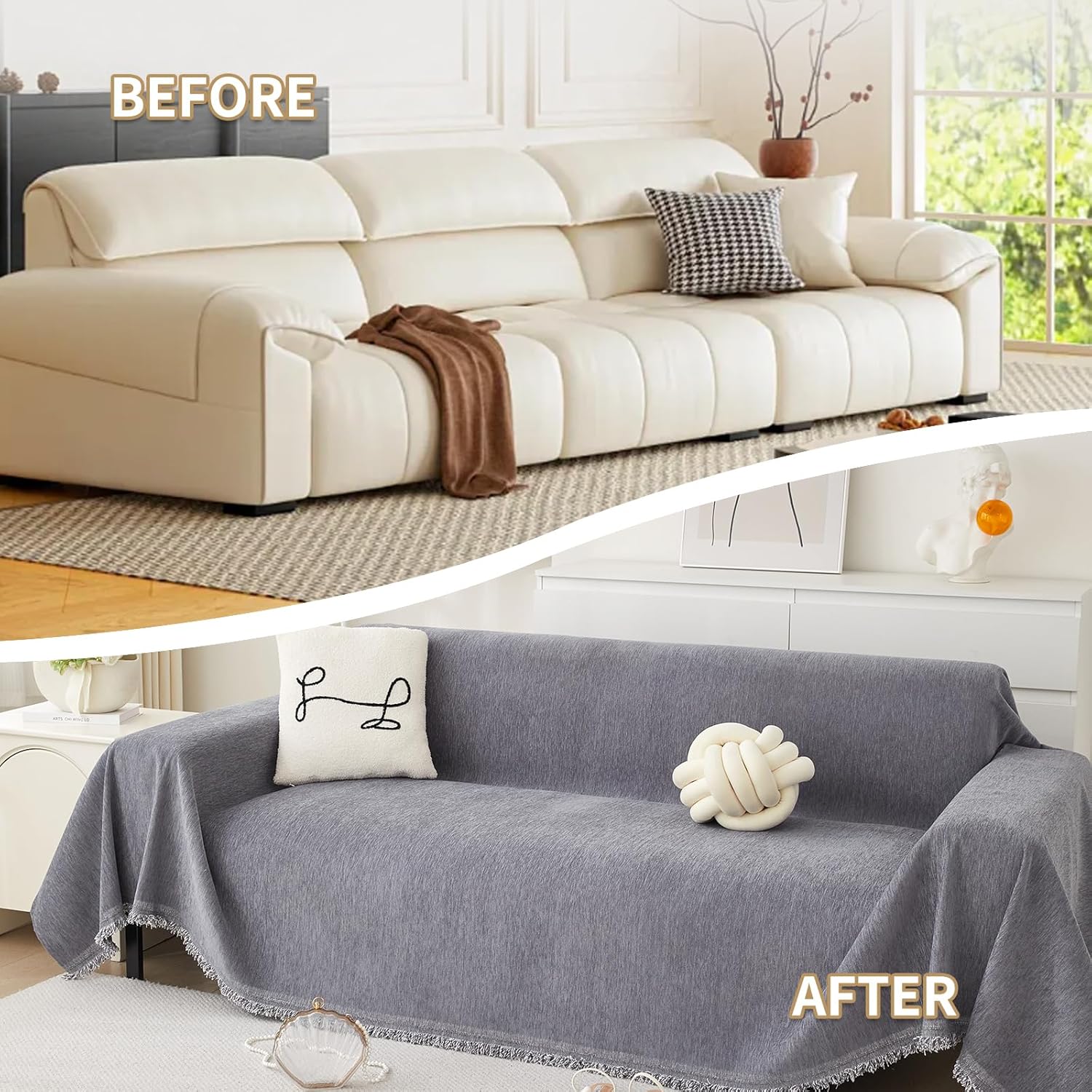 Water-Resistant Chenille Couch Cover for Dogs & Pets, Breathable Sofa Protector, Luxury Textured Furniture Throw for 3-4 Cushion Couch, Washable & Non-Slip, Gray