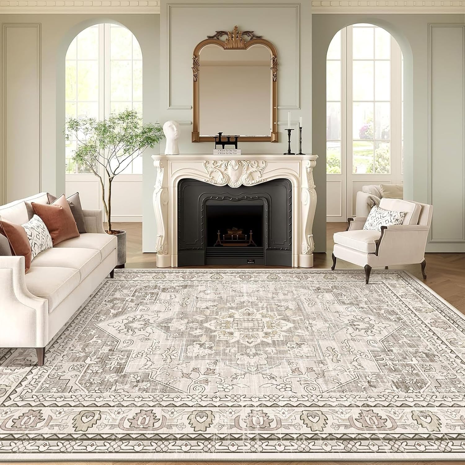 Findosom 8x10 Area Rugs for Living Room, Non-Slip Soft Washable Rug with Vintage Medallion Pattern, Low Pile Faux Wool Large Boho Rugs for Bedroom, Ding Room, Entryway and Home Decor, Beige