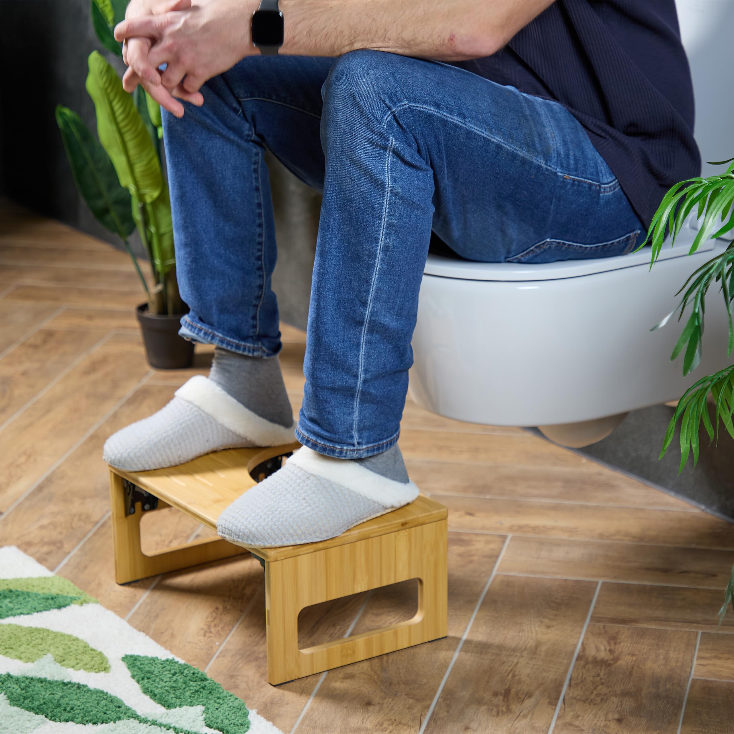 Relaxdays Sgabello per WC Bagno, Sgabellino Pieghevole da Toilette per Adulti, HxLxP: 18,5x43x27,5 cm, bambù, Naturale