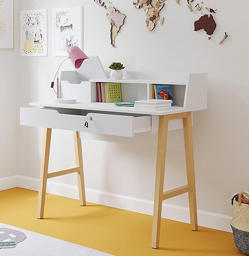 Escritorio Roma - Elegante escritorio de estudio de madera con almacenamiento, agujeros para cables y cajones, mesa de trabajo para el hogar,