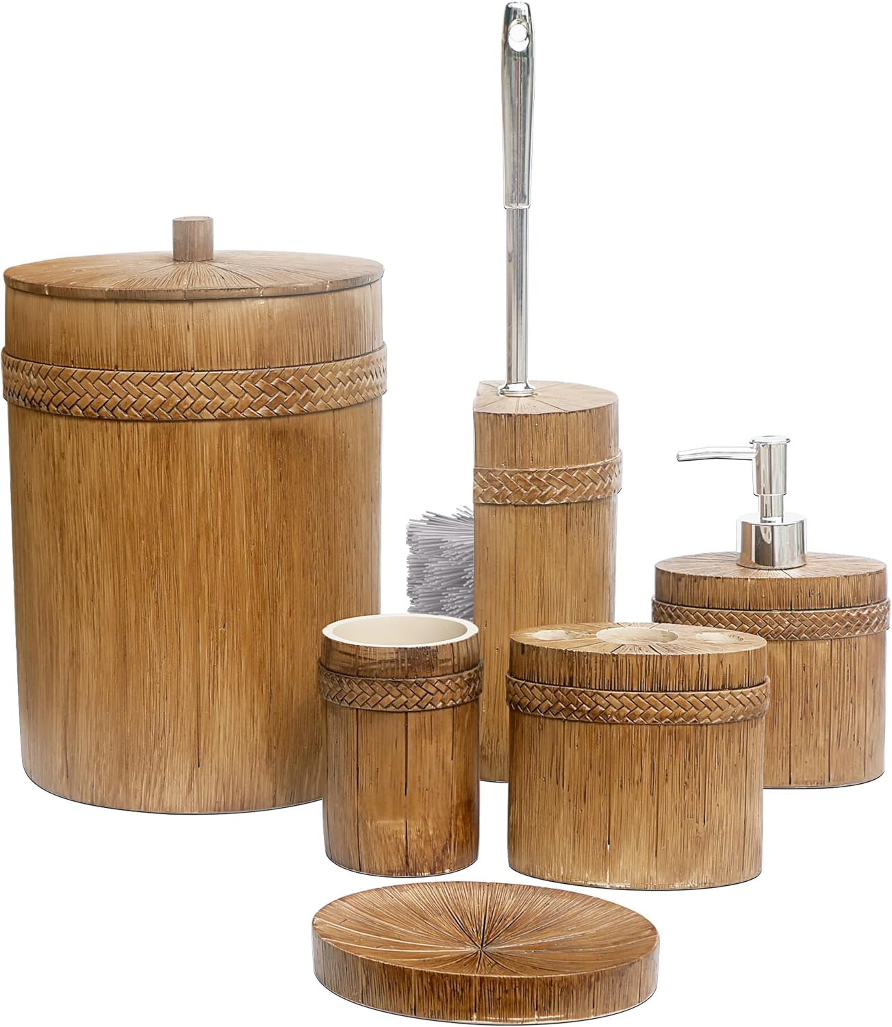 LUANT 6 Pieces Bathroom Accessories Set Including Trash Can, Cup, Toothbrush Holders, Soap Dishes, Soap Dispenser and Toilet Brush, Home Decoration, Brown