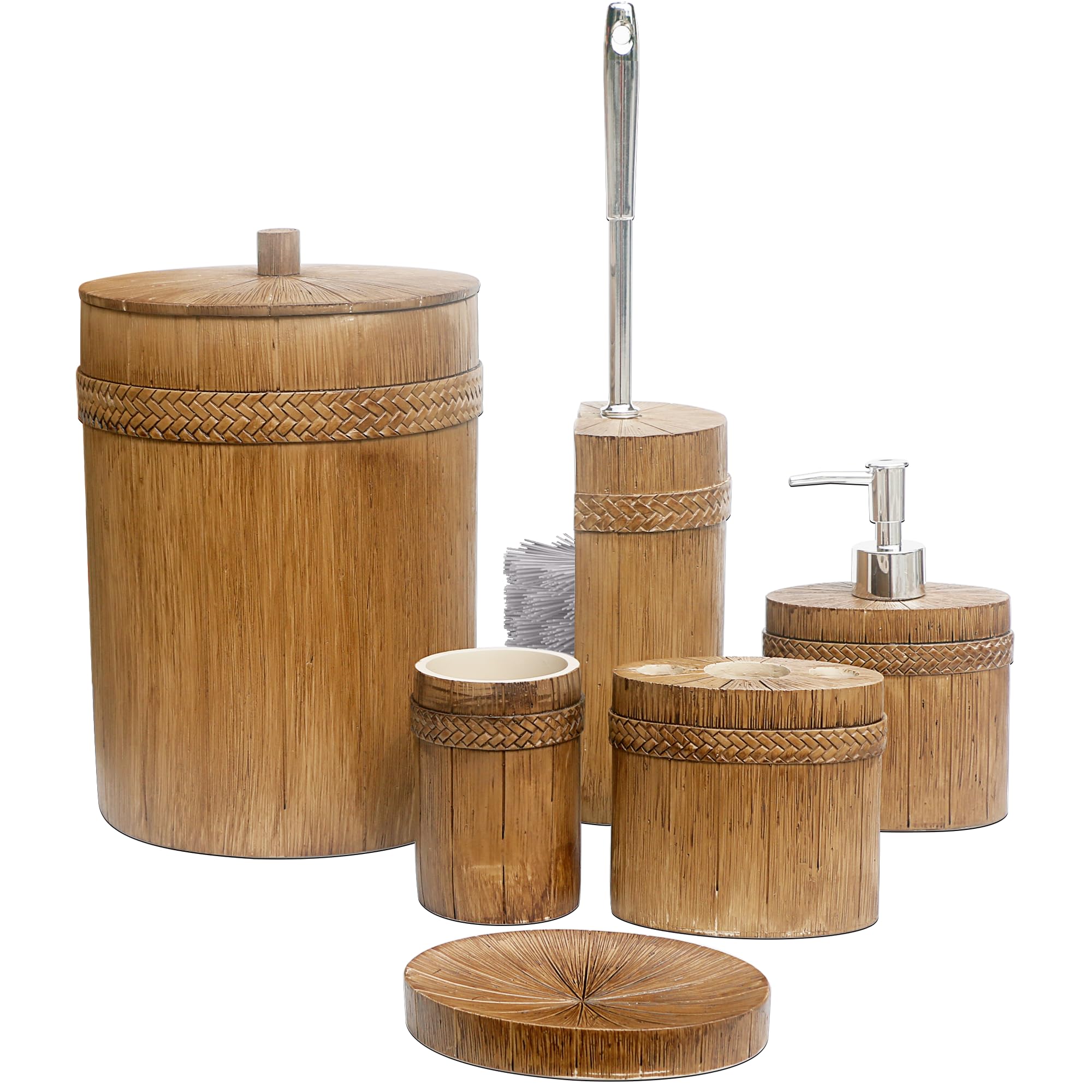LUANT 6 Pieces Bathroom Accessories Set Including Trash Can, Cup, Toothbrush Holders, Soap Dishes, Soap Dispenser and Toilet Brush, Home Decoration, Brown