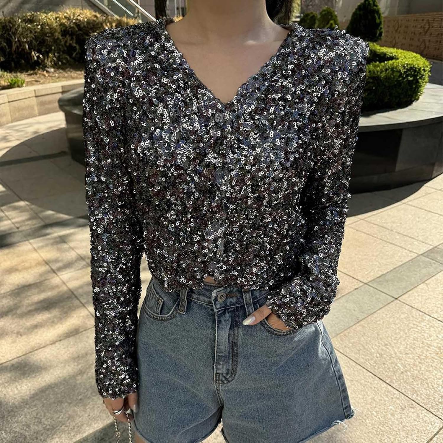 Women Sequins Long Sleeve Shirt Fashion V Neck Full Glitter Blouse Sparkle Decoration Crop Tops Casual Cocktail Shirts