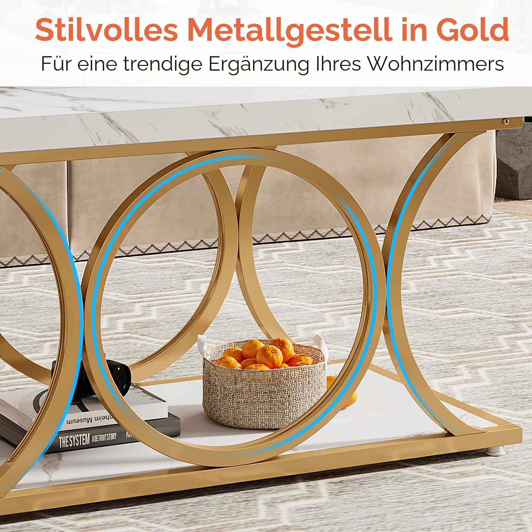 Tribesigns Rechteckiger Couchtisch, moderner wohnzimmertisch, 2-stöckiger Couchtisch aus Kunstmarmor, mit geometrischen Beinen, Möbel mit Ablagefach (Weiß & Gold)