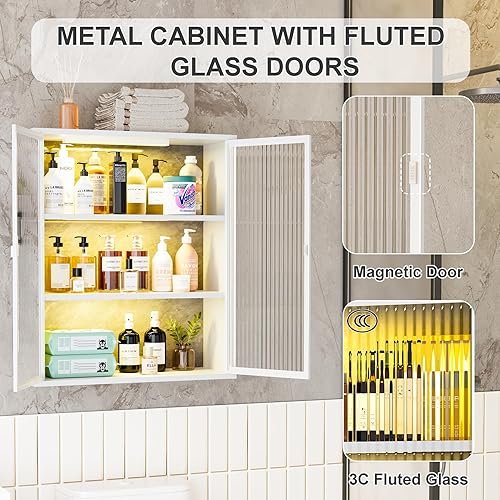 Miniatura 23 de Armario de pared de baño, botiquín de metal con puertas de vidrio estriado, armario montado en la pared sobre el inodoro, armario pequeño negro con