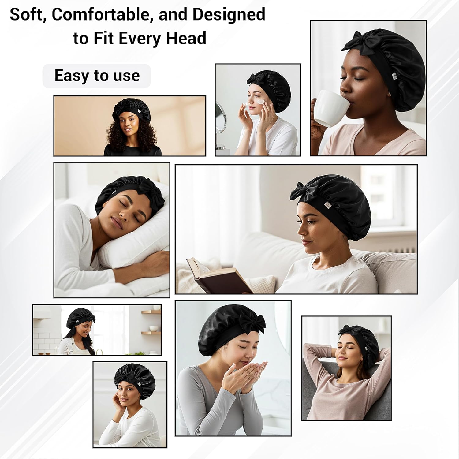 Satin Silk Bonnet for Sleeping Adjustable Non-Slip Hair Night Cap with Soft Wide Tie Band Black One Size - Image 4