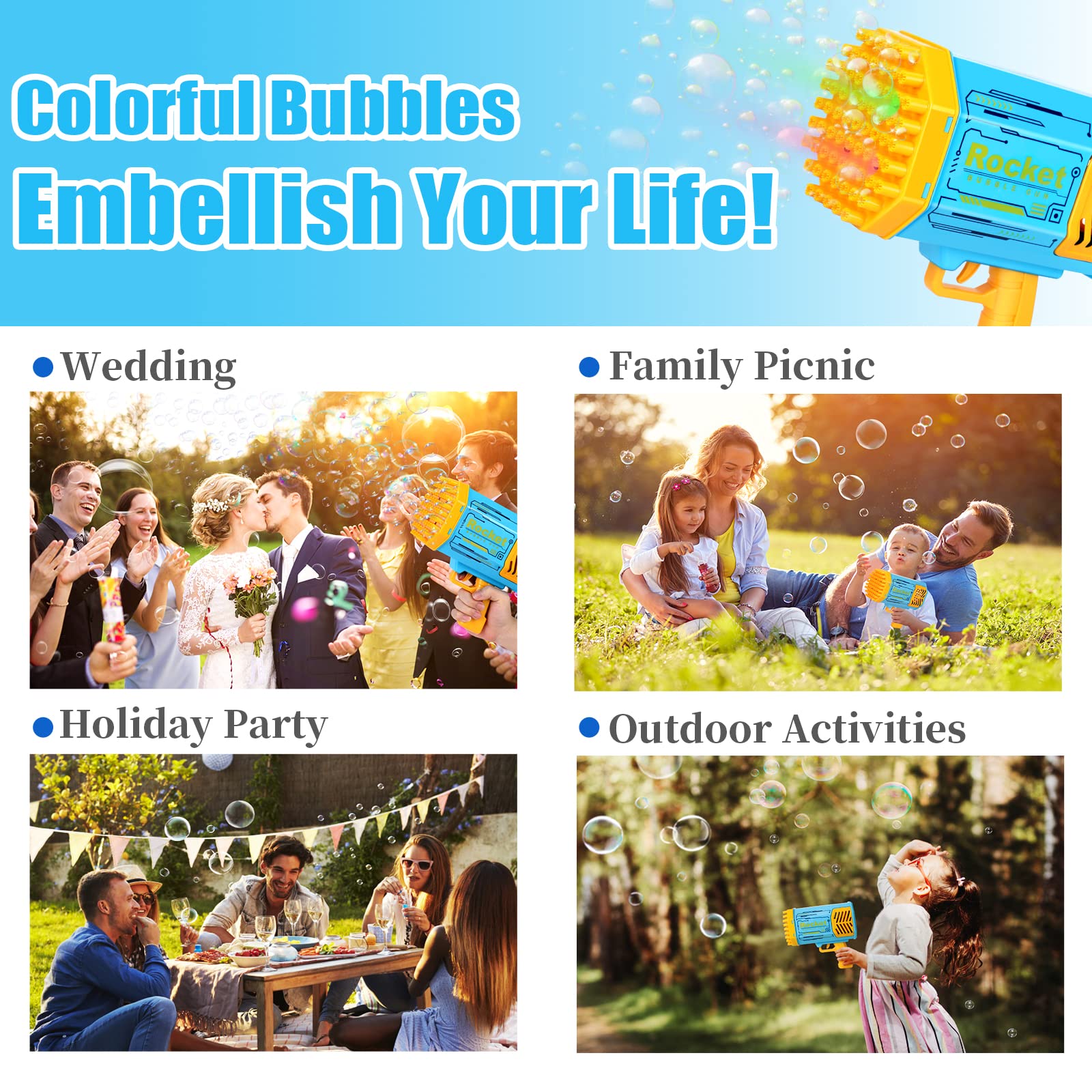 Bubble Gun Rocket 69 Holes Soap Blaster Machine, Bazooka Bubble Launcher Blower Toys for Kids Outdoor Indoor, Bubble Maker for Party Birthday Wedding(Blue)