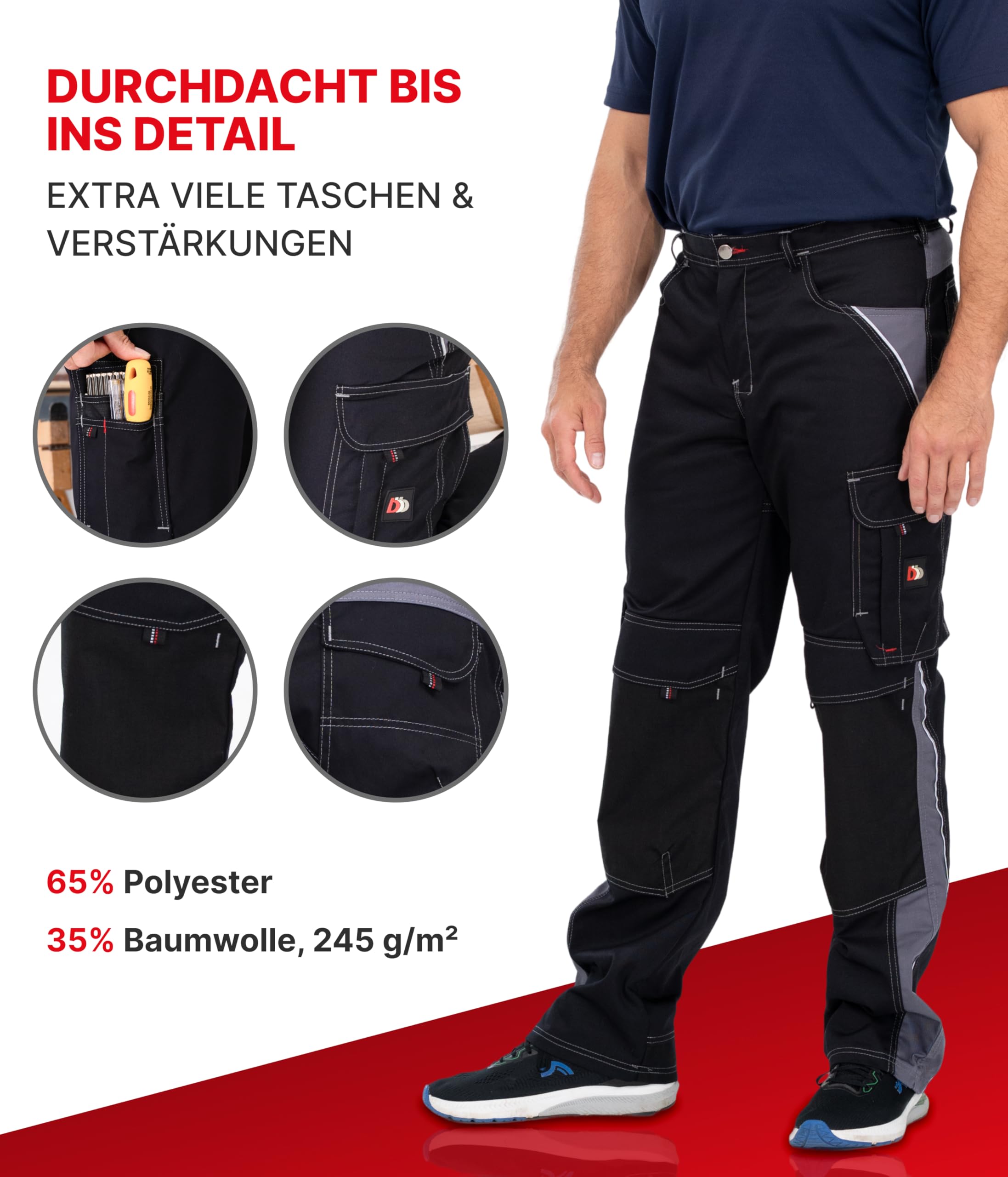 beb™ Arbeitshose Herren & Damen – robust & industriewäschegeeignet – mit Cordura-Knieverstärkung, Reflexpaspel & Werkzeugtaschen - Designed in Germany