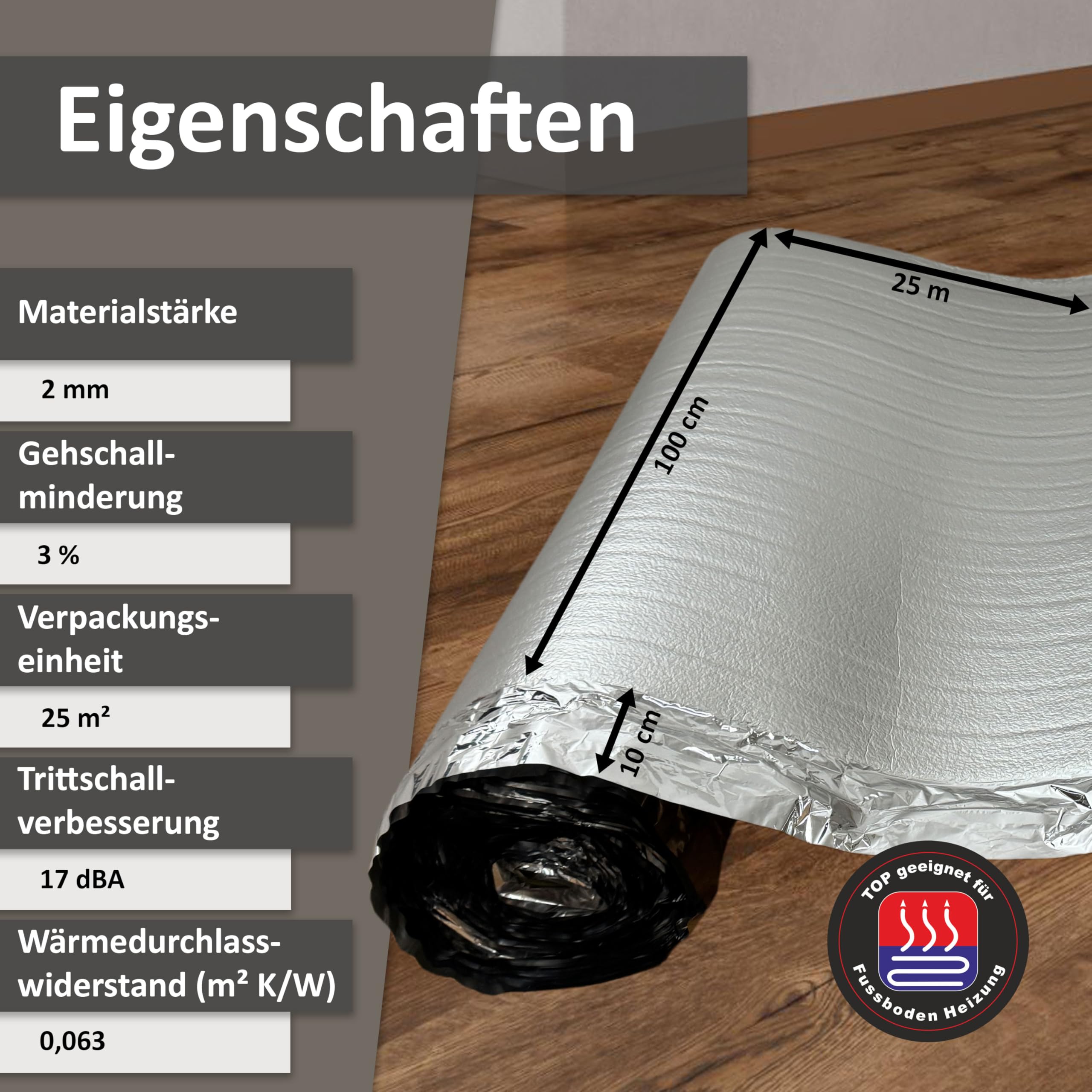 uficell® Aislamiento acústico de aluminio Plus de espuma de polietileno con barrera de vapor de aluminio, grosor de 2 mm, aislamiento acústico perfecto para suelos laminados y parqué (2 mm de grosor,